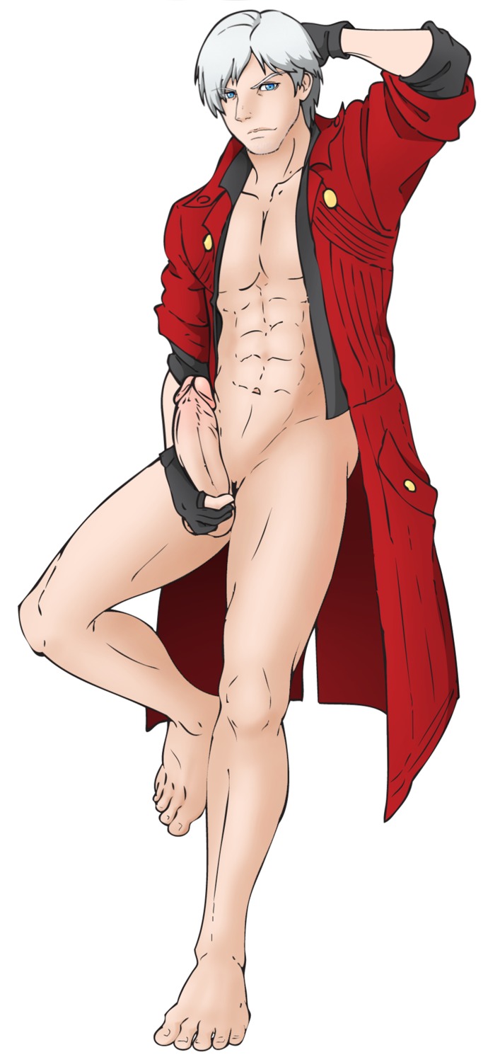 1boy abs blue_eyes bottomless chin_pubes color dante_(devil_may_cry) devil_may_cry devil_may_cry_(series) erection facial_hair foreskin goatee grey_hair human male male_only muscles muscular muscular_male open_coat pecs penis retracted_foreskin rule34 shaved_crotch simple_background smooth_penis smooth_skin smooth_skinned_male solo uncircumcised uncut