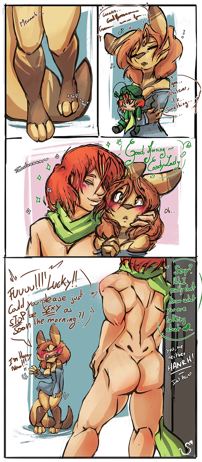 blush butt comic duo e621 female hi_res hug human kangaroo lucky_(spirale) macropod male male/female mammal marsupial morning paws plushie spirale spirale_(character)