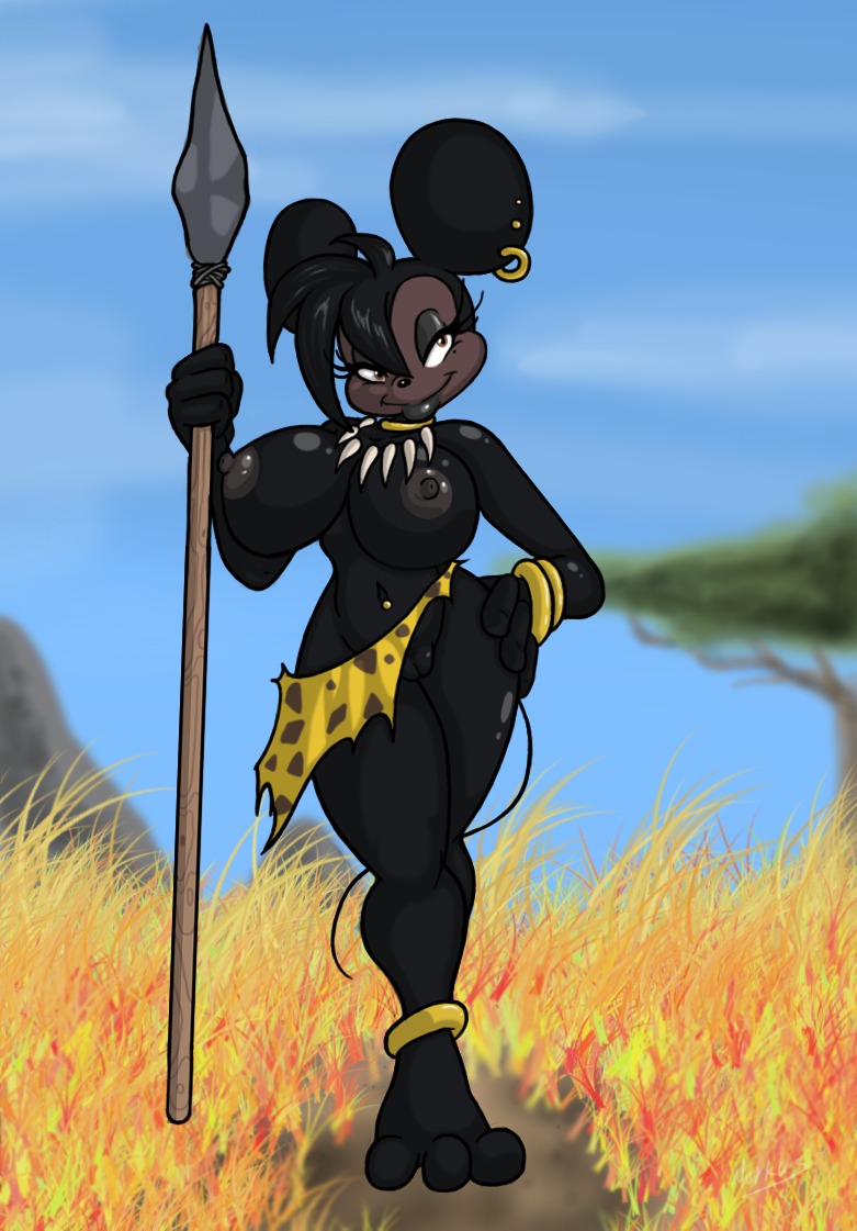 anthro big_breasts black_body black_coded black_fur bottomwear bottomwear_aside breasts cloth clothed clothing clothing_aside cloud dark_body disney e621 ear_piercing ear_ring eyelashes female fur genitals house_mouse ineffective_clothing ineffective_loincloth loincloth loincloth_aside lordstevie mammal melee_weapon minnie_mouse mouse murid murine nipples outside piercing polearm ring_piercing rodent savanna sky solo spear topless torn_clothing tribal vulva weapon