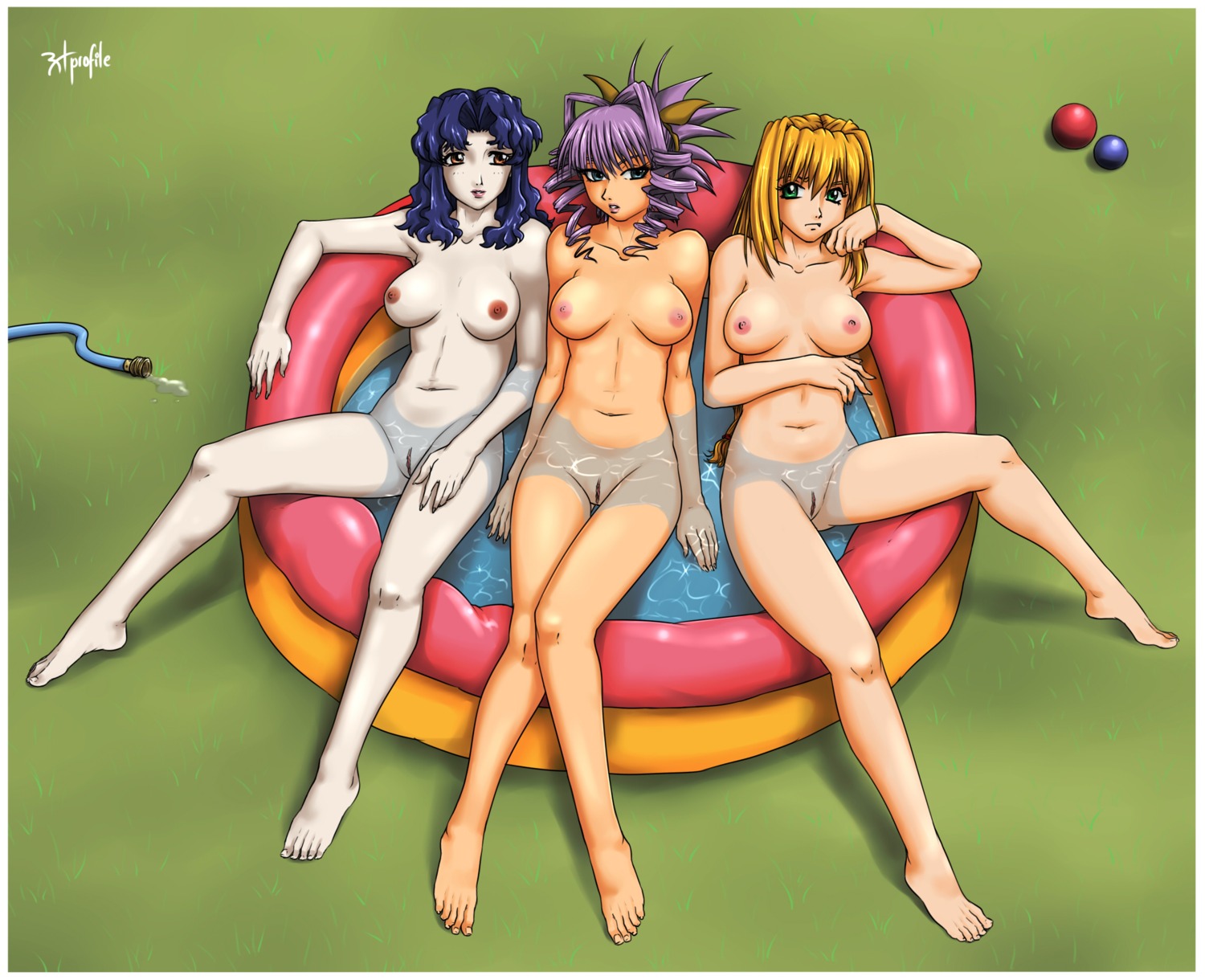 3girls above_view ball_(object) barefoot beige_skin blonde_hair breasts brown_eyes elgala excel excel_saga fangs female female_only green_eyes hair hose human hyatt long_hair looking_at_viewer multiple_females multiple_girls nipples nude open_eyes pink_nipples pool purple_hair pussy radprofile rule34 sitting teal_eyes water yuri