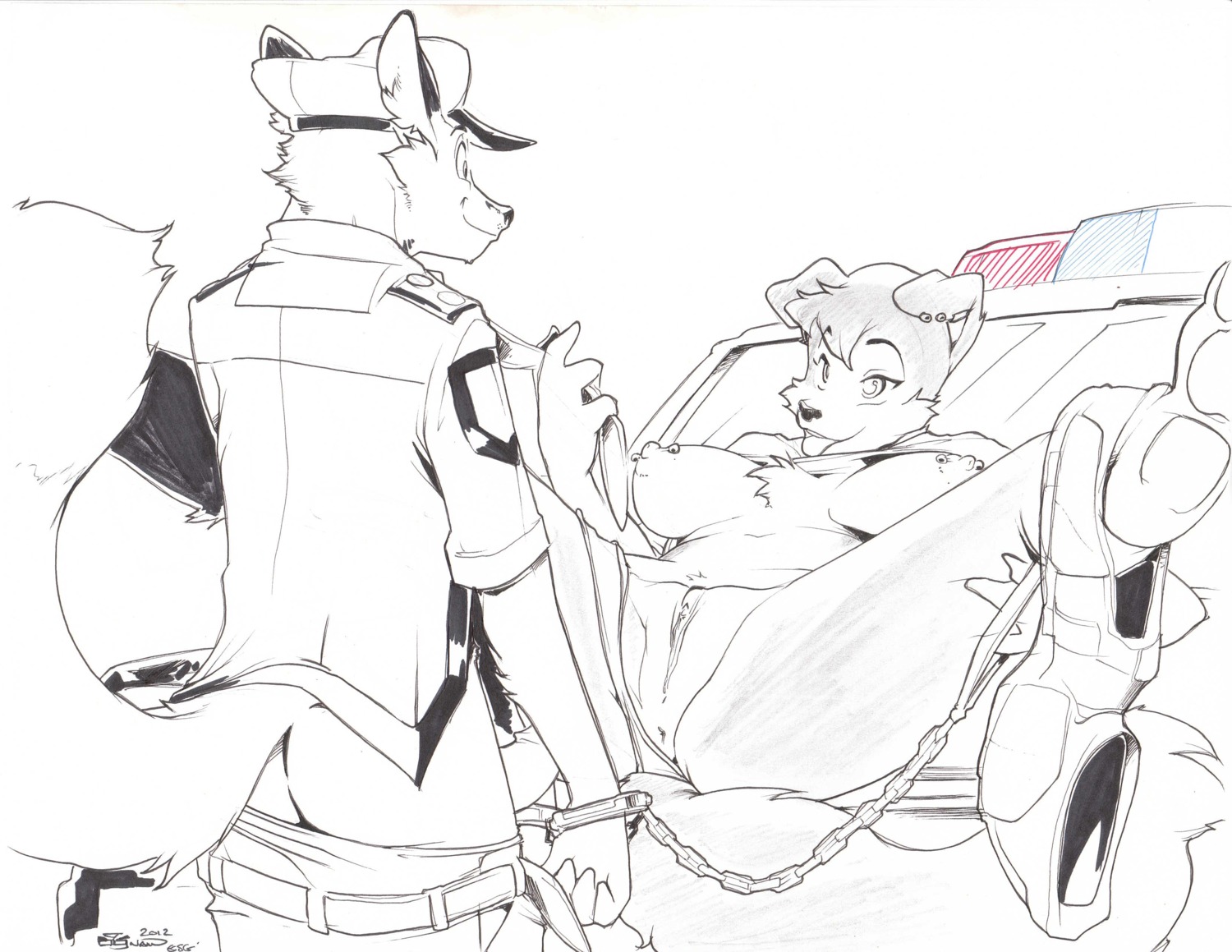 absurd_res anthro arc_(arcthecollie) artimis big_breasts border_collie breasts canid canine canis clothing collie domestic_dog duo e621 erection feet female fox genitals gnaw hat headgear headwear herding_dog hi_res hindpaw male mammal nipples nude pastoral_dog pawpads paws penis sheepdog soles tail tongue tongue_out traditional_media_(artwork) uniform vulva