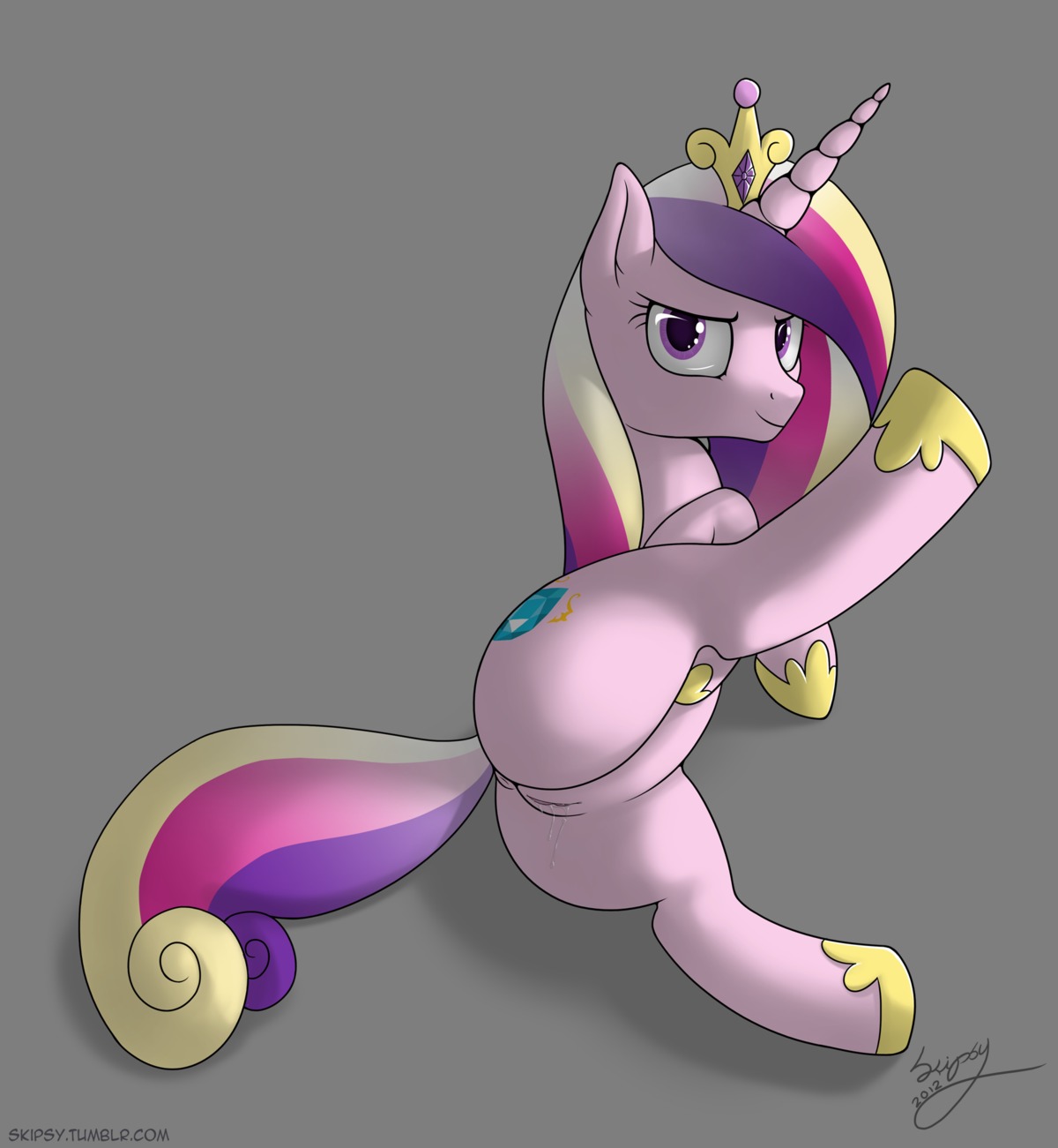 2012 alpha_channel anus bodily_fluids butt crown cutie_mark e621 equid equine female feral friendship_is_magic genital_fluids genitals hair hasbro headgear hi_res horn long_hair looking_at_viewer mammal multicolored_hair my_little_pony mythological_creature mythological_equine mythology presenting princess_cadance_(mlp) purple_eyes skipsy solo spread_legs spreading tail unicorn vaginal_fluids vulva