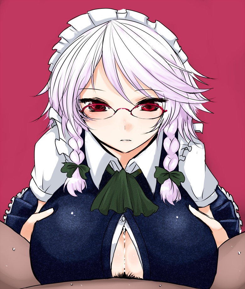 breasts cleavage cum cum_on_body cum_on_breasts cum_on_upper_body dark-skinned_male dark_skin female glasses han64 han_(jackpot) huge_breasts maid male paizuri paizuri_under_clothes penis red_eyes rule34 sakuya_izayoi silver_hair straight tied_hair touhou twintails