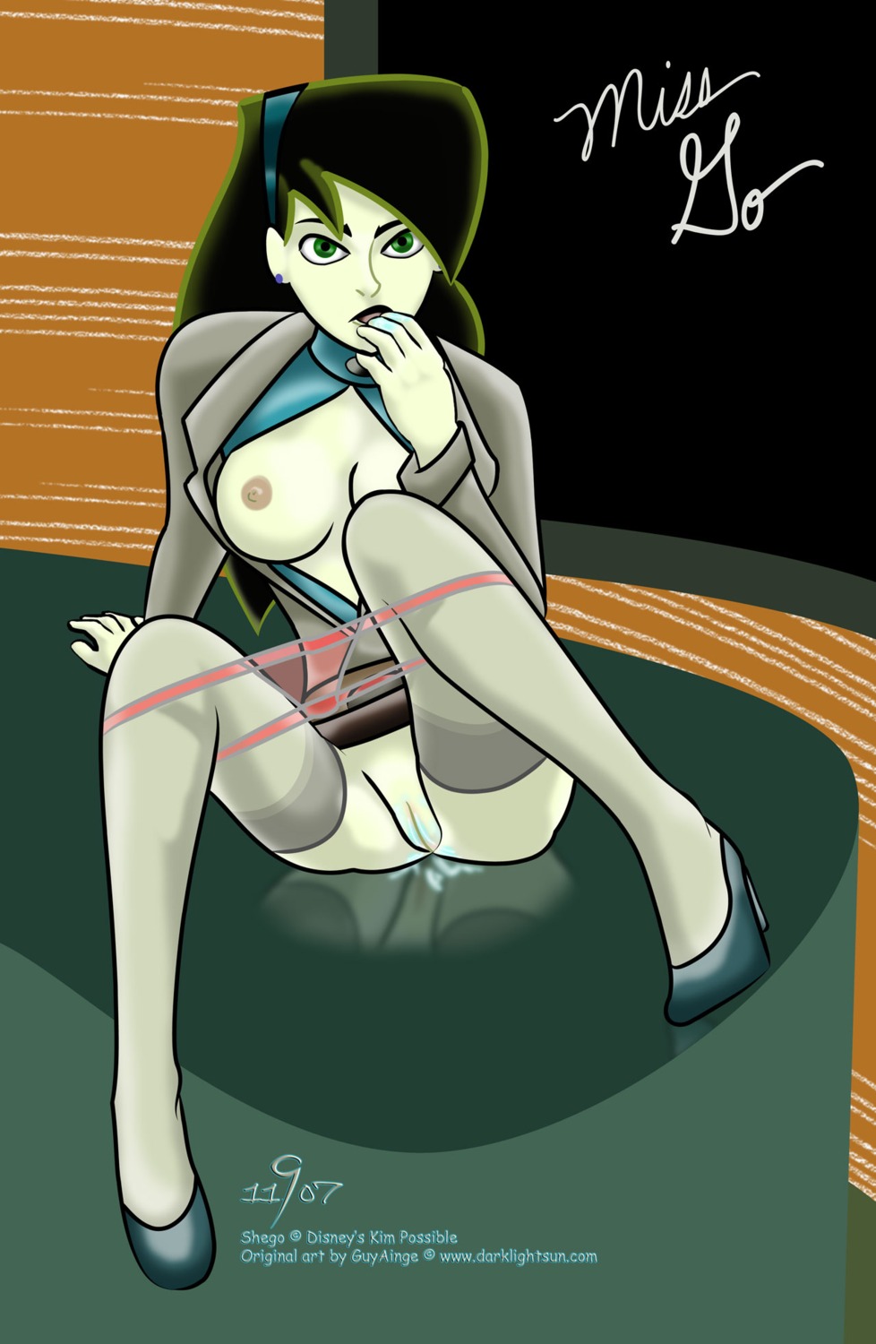 1girls 2007 covering_one_nipple darklightsun disney disney_channel female female_only high_heels human kim_possible miss_go nipples pussy rule34 shego solo straight_hair tagme