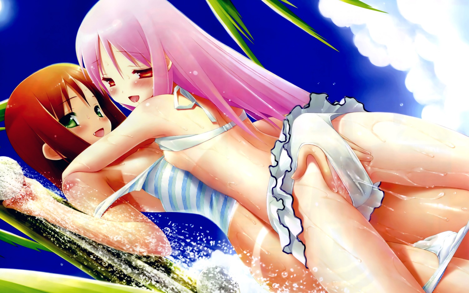 2girls bikini blush breasts brown_hair cute_fang female fingering flat_chest garden_(game) gayarou green_eyes himemiya_ruri hoshino_erika long_hair multiple_females multiple_girls nipples panties pink_hair pussy pussy_juice red_eyes rule34 short_hair shower sky swimsuit tan_lines underwear water wet yuri