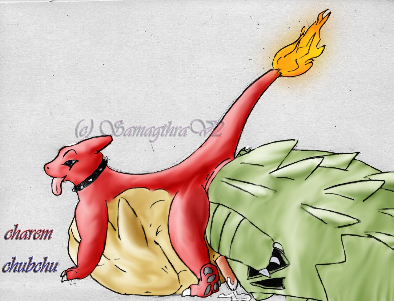 1boy ambiguous_gender anal_vore charmeleon cum feral feral_only hyper hyper_belly male nintendo pokemon pokemon_(species) rule34 samagthrav2 size_difference spiked_collar traditional_media_(artwork) tyranitar vore vore_belly