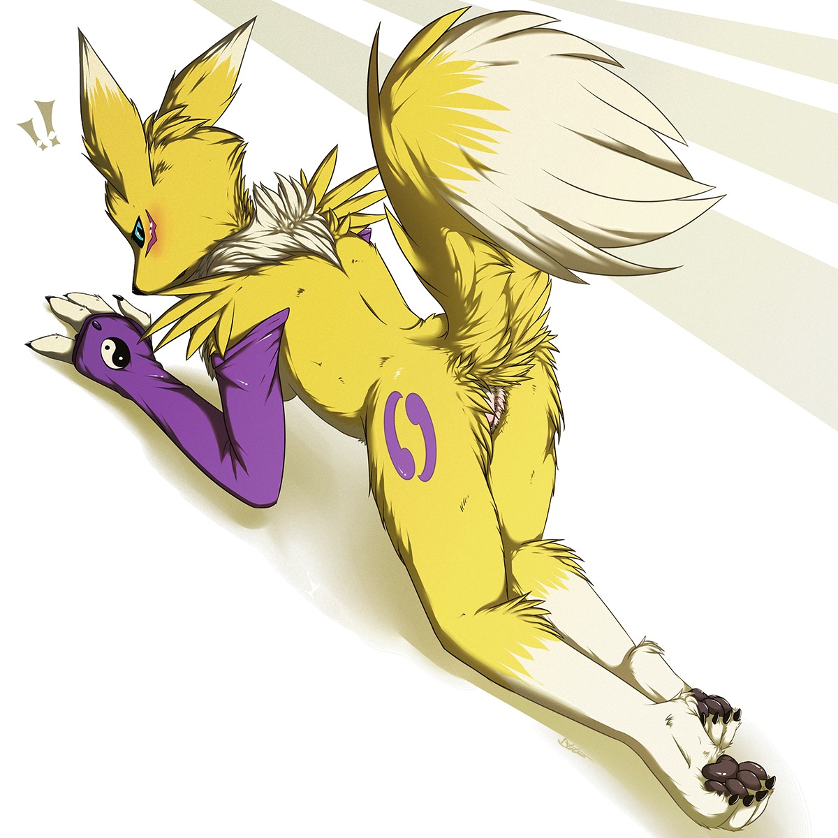 1:1 2012 4_toes all_fours anthro bandai_namco blackfury blue_eyes blush butt canid canine claws countershading digimon digimon_(species) dipstick_tail e621 exclamation_point feet female fluffy fluffy_tail fur genitals hi_res hindpaw mammal markings mostly_nude multicolored_body multicolored_fur multicolored_tail paws presenting presenting_hindquarters raised_tail renamon soles solo tail tail_markings toes two_tone_body two_tone_fur two_tone_tail vulva white_body white_fur white_tail yellow_body yellow_fur yellow_tail yin_yang