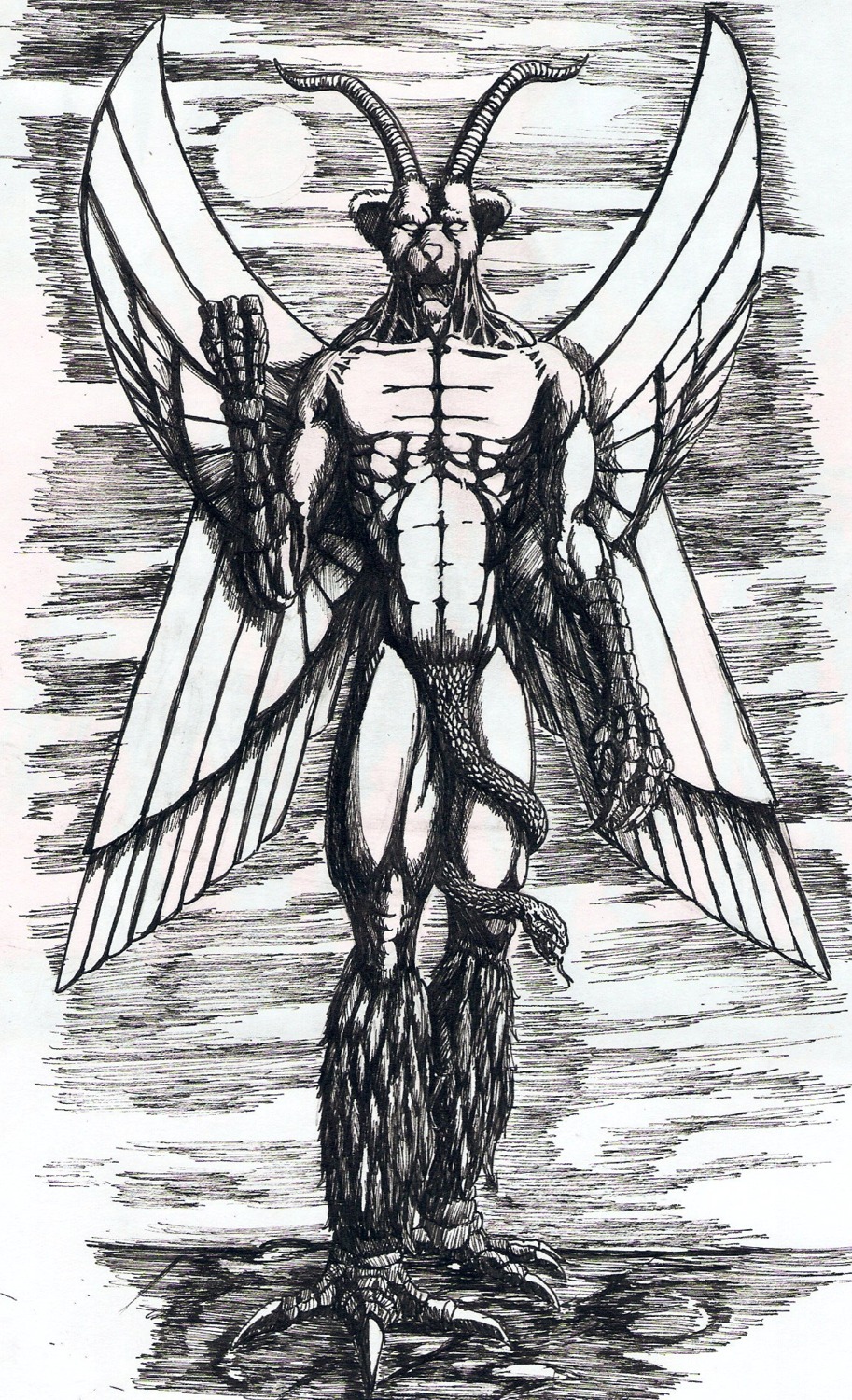 3_toes abs babylonian_mythology claws deity demon e621 feathered_wings feathers feet genitals hi_res horn hybrid living_penis male middle_eastern_mythology monochrome monster moon mythology night nude open_mouth pazuzu penis penis_snake reptile satanoy scalie sentient_penis sketch snake solo standing teeth toe_claws toes unusual_anatomy unusual_genitalia unusual_penis wings