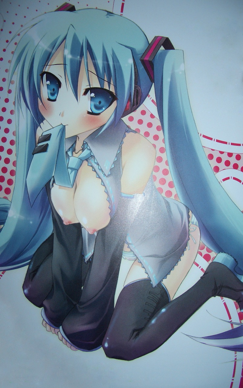 1girl 1girls 2d aqua_eyes aqua_hair areolae artist_request bangs big_breasts black_sleeves black_thighhighs blue_eyes blue_hair blue_necktie blush boots breasts collared_shirt color detached_sleeves eyebrows_visible_through_hair eyelashes_visible_through_hair female female_only grey_shirt hair hatsune_miku headset large_breasts light-skinned_female light_skin long_hair medium_breasts mouth_hold necktie necktie_in_mouth nipples object_in_mouth open_clothes open_shirt panties partially_clothed photo_(medium) rule34 shirt side-tie_panties sitting sleeves solo striped striped_panties thigh_boots thighhighs twintails underwear very_long_hair vocaloid