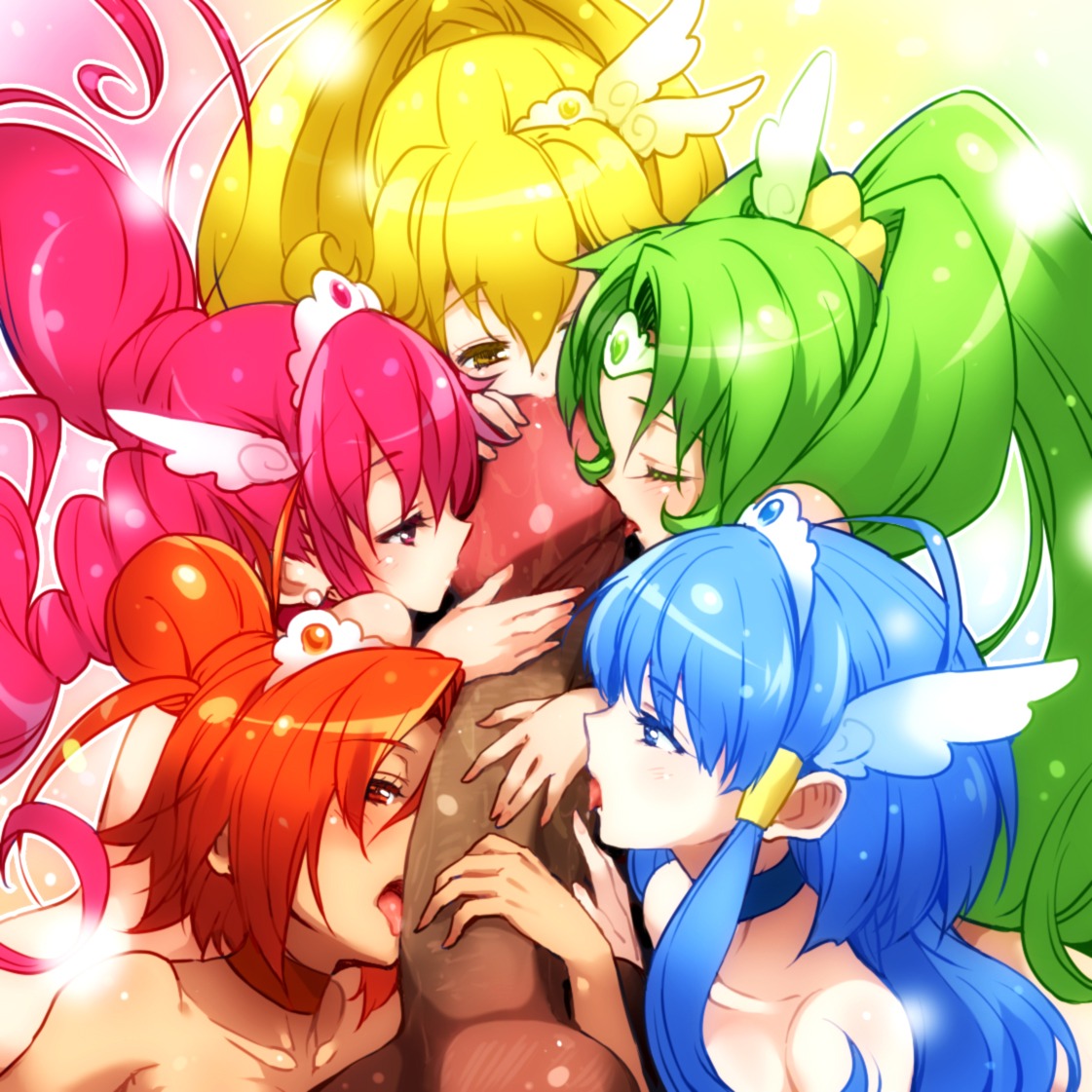 1boy 5girls aoki_reika blonde_hair blue_eyes blue_hair choker collaborative_fellatio cure_beauty cure_happy cure_march cure_peace cure_sunny fellatio female gigantic_penis green_hair hino_akane hoshizora_miyuki huge_cock iilliill long_hair looking_at_viewer magical_girl male midorikawa_nao multiple_fellatio multiple_females multiple_girls nude oral orange_eyes orange_hair penis penis_kiss pink_hair ponytail precure pretty_cure quintuple_fellatio rakuga_kitarou rule34 size_difference smile_precure teamwork tiara tied_hair tongue tongue_out twintails uncensored yayoi_kise yellow_eyes