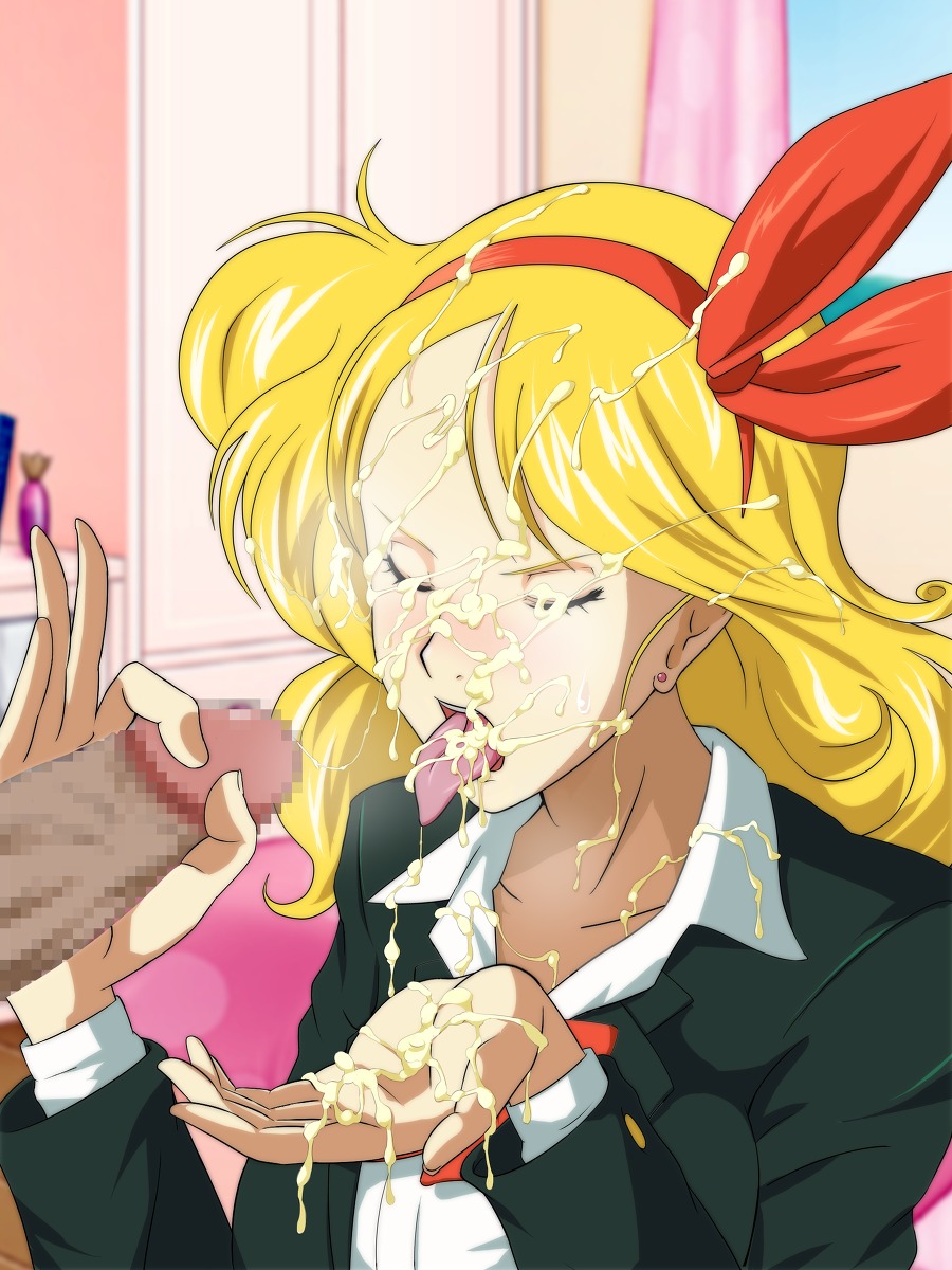 1boy bad_launch blonde_hair blush bow censored closed_eyes cum cum_in_mouth cum_on_face cum_on_hand curly_hair dragon_ball earrings facial female hand hands highres human indoors kamishakujii_(poppenheim) launch male mosaic_censoring penis rule34 school_uniform standing_up sweatdrop tongue tongue_out