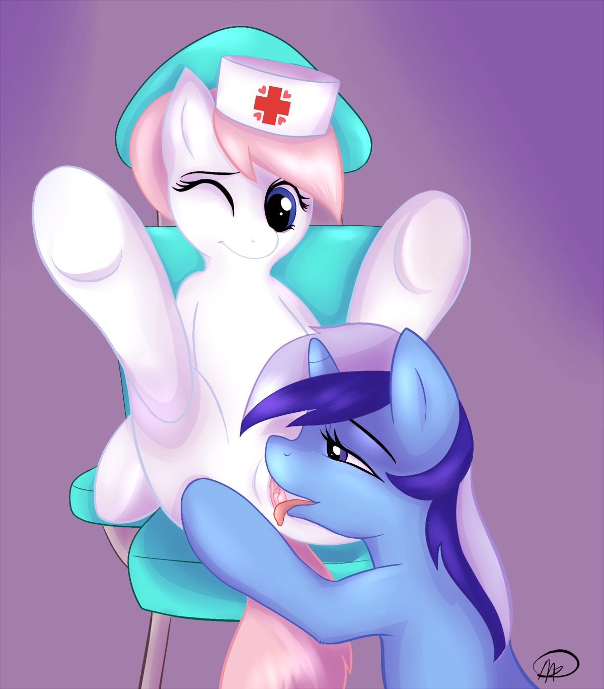 conditional_dnp cunnilingus digital_media_(artwork) duo e621 earth_pony equid equine female female/female feral friendship_is_magic genitals hasbro hi_res horse mammal meggchan minuette_(mlp) my_little_pony nurse_redheart_(mlp) oral pony sex vaginal vulva