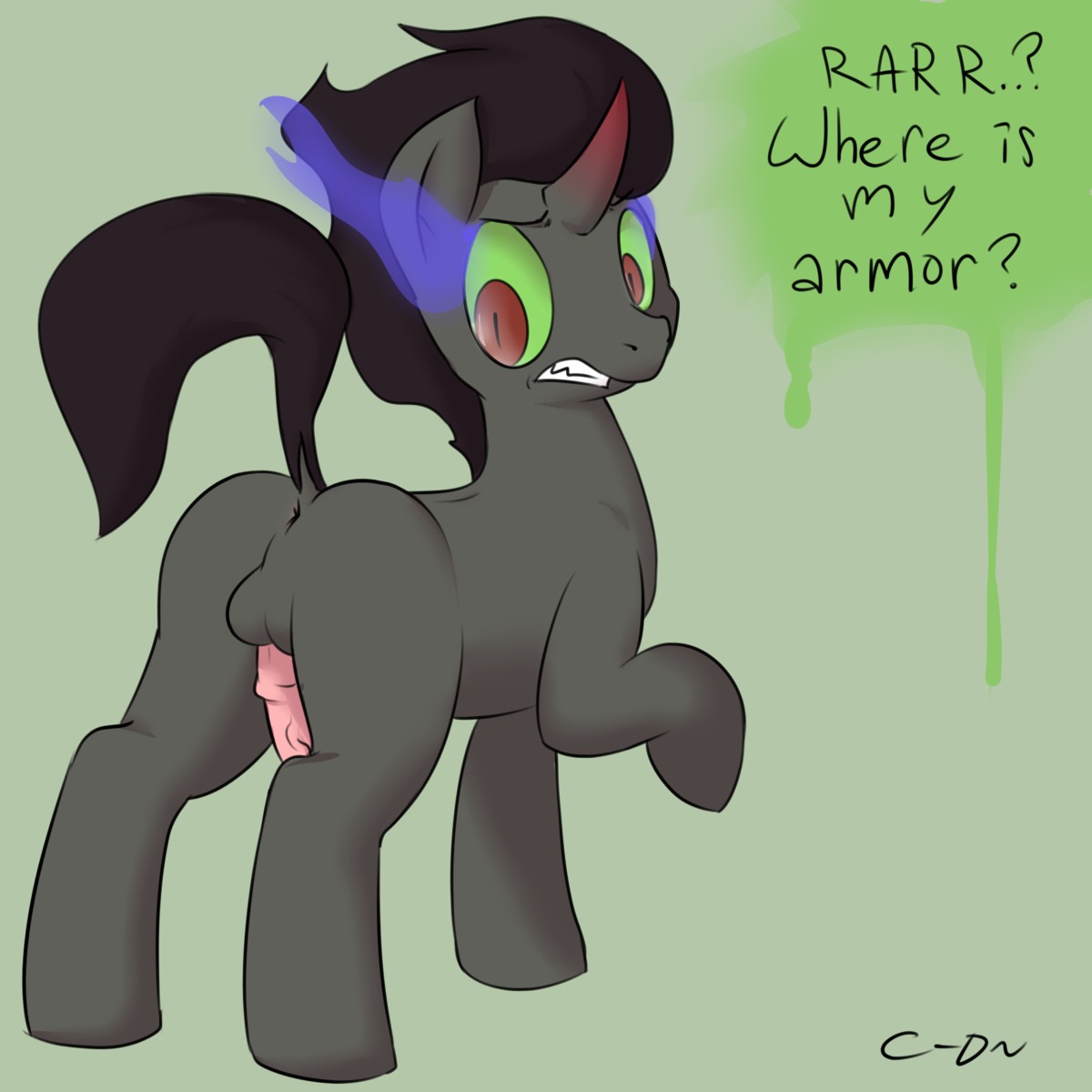 1:1 animal_genitalia animal_penis anus atrolux backsack balls black_hair butt conditional_dnp dialogue digital_media_(artwork) e621 english_text equid equine equine_genitalia equine_penis erection eye_mist fangs feral friendship_is_magic fur genitals green_sclera grey_body grey_fur hair hasbro hi_res horn king_sombra_(mlp) looking_back male mammal my_little_pony mythological_creature mythological_equine mythology nude penis raised_tail red_eyes shaded simple_background smoking_eyes solo tail teeth text unicorn