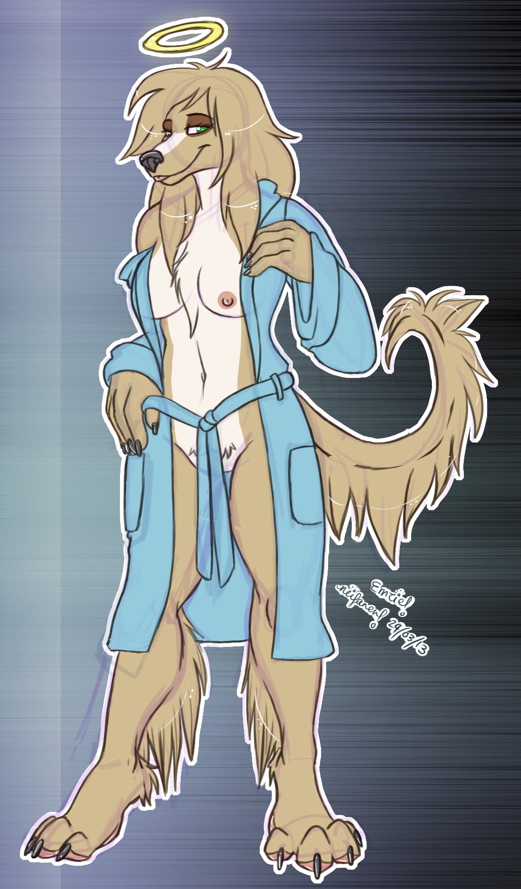 2013 anthro arella_angel bathrobe bedroom_eyes breasts canid canine canis clothed clothing conditional_dnp domestic_dog e621 female fur genitals green_eyes halo hi_res mammal narrowed_eyes nipples open_clothing open_robe psy101 robe seductive simple_background solo tail tan_body tan_fur vulva
