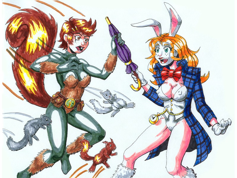 2girls 4:3 brown_eyes brown_hair bunny_ear bunny_girl doreen_green female great_lakes_avengers green_eyes lorina_dodson marvel marvel_comics multiple_females multiple_girls red_hair rule34 spider-man_(series) squirrel squirrel_girl_(classic) squirrel_girl_(marvel) tail white_rabbit_(marvel)