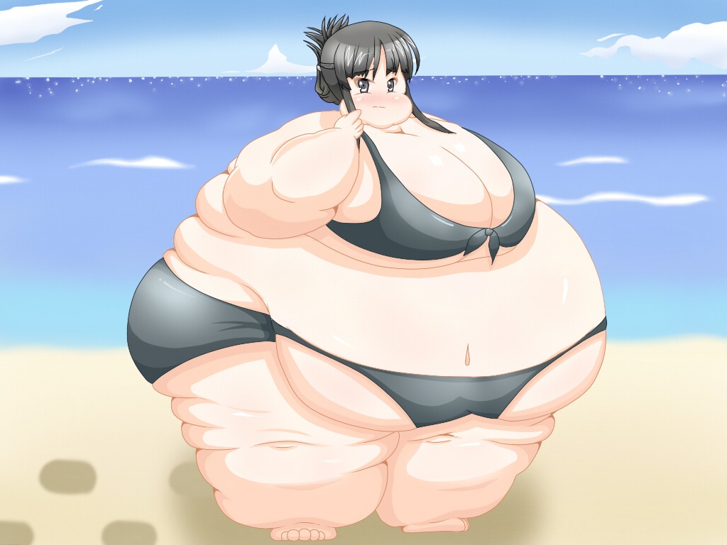 1girls beach bikini black_eyes black_hair blush double_chin eyebrows_visible_through_hair fat female female_only human k-on! mio_akiyama_(k-on!) morbidly_obese morbidly_obese_female navel obese obese_female overweight overweight_female rule34 solo swimsuit thong thong_bikini thong_over_belly tied_hair wallpaper