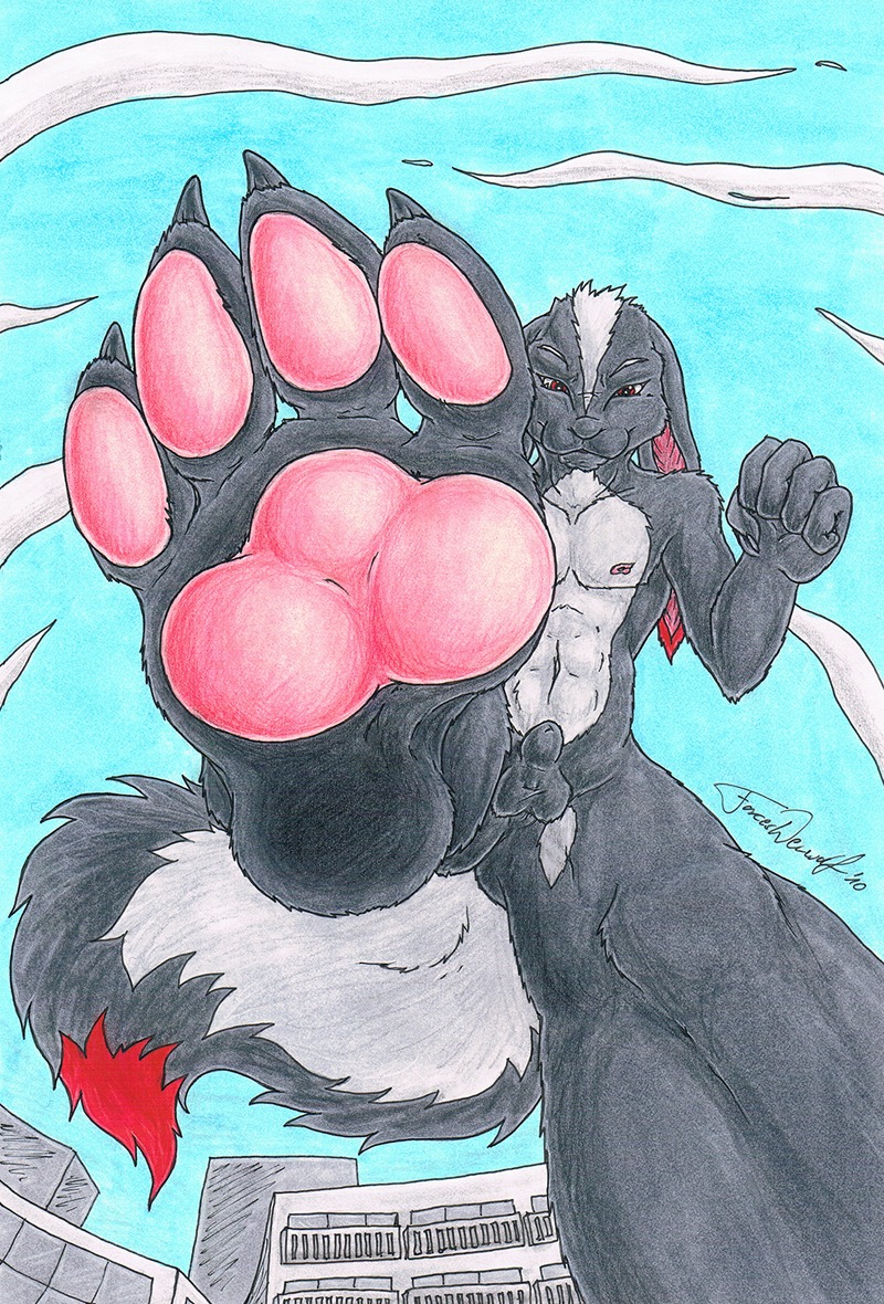 2010 animal_genitalia anthro balls colored_pencil_(artwork) e621 feet foot_focus forceswerwolf fully_sheathed genitals hindpaw hybrid lagomorph leporid low-angle_view macro male mammal mephitid nude pawpads paws rabbit sheath skunk skunkhase skunny solo stomping tail traditional_media_(artwork) worm's-eye_view