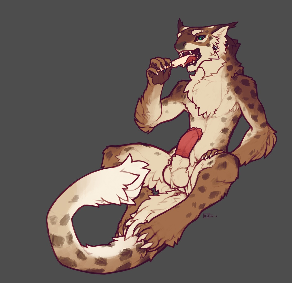 2014 animal_genitalia anthro armpit_hair balls big_penis biped black_lips body_hair chest_tuft claws dessert e621 erection fangs felid fluffy fluffy_tail food fur genitals glans green_eyes grey_background hybrid ice_cream inner_ear_fluff jewelry licking lips looking_at_viewer male mammal mane medial_ring open_mouth penile_spines penis popsicle popsicle_in_mouth popsicle_melting sheath simple_background sitting snowskau solo spots spread_legs spreading tail tail_tuft teeth tetton tongue tongue_out tuft