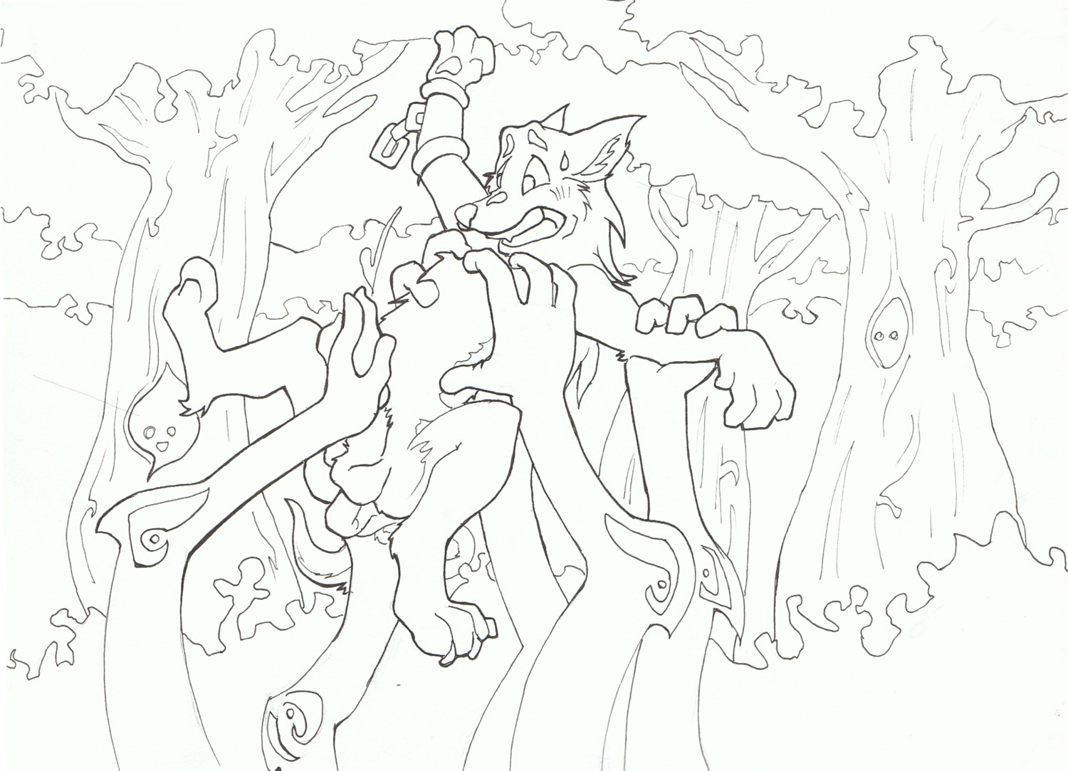 animal_genitalia animal_penis black_and_white bodily_fluids canid canine canine_genitalia canine_penis canis cum disembodied_hand e621 erection feral forest furfragged genital_fluids genitals group hi_res line_art link_(wolf_form) male mammal monochrome nintendo pen_(artwork) penis plant solo_focus tail tentacles the_legend_of_zelda traditional_media_(artwork) tree twilight_princess wolf