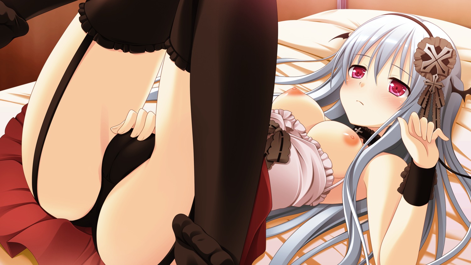 bed blush breasts female game_cg grey_hair long_hair makita_maki nipples panties rule34 shinigami_no_testament underwear vivi_alhazerd