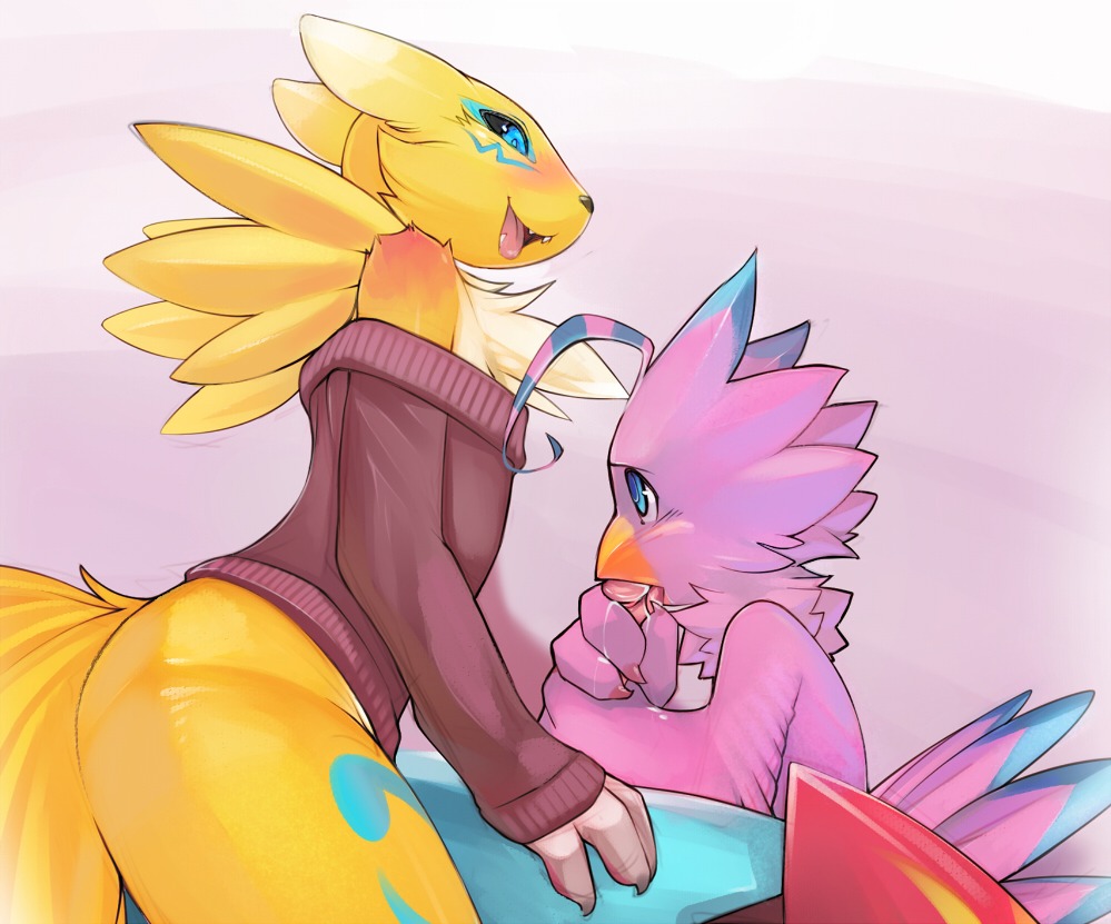 2011 anthro avian bandai_namco beak beak_fetish beak_play beak_sex beakjob bird biyomon black_sclera blue_body blue_eyes blue_skin blush bodily_fluids canid canine claws clothing countershading cum cum_in_mouth cum_inside cum_on_hand digimon digimon_(species) digital_media_(artwork) e621 erection eye_contact faceless_character faceless_male facial_markings fellatio female flamedramon fur genital_fluids genitals group group_sex head_markings interspecies kemono looking_at_another male male/female mammal markings open_mouth oral oral_penetration penetration penile penis renamon sex shaded simple_background sweater tail threesome tongue topwear trio tsampikos white_body white_fur yellow_body yellow_fur
