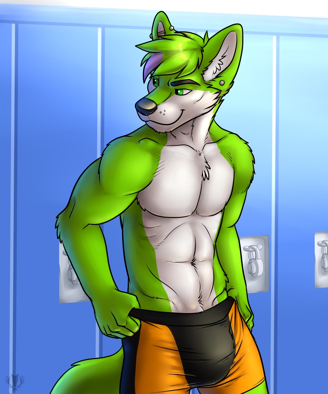 2013 abs anthro biceps big_muscles biped black_clothing black_nose black_underwear boxer_briefs bulge canid canine chest_tuft clothed clothing clothing_pull digital_media_(artwork) e621 ear_piercing fox fur green_body green_eyes green_fur green_hair grin hair half-length_portrait hi_res locker locker_room male mammal muscular muscular_anthro muscular_male orange_clothing orange_underwear pecs piercing portrait pose skimpy smile solo standing tail topless tuft underwear underwear_pull vallhound white_body white_fur yoogain