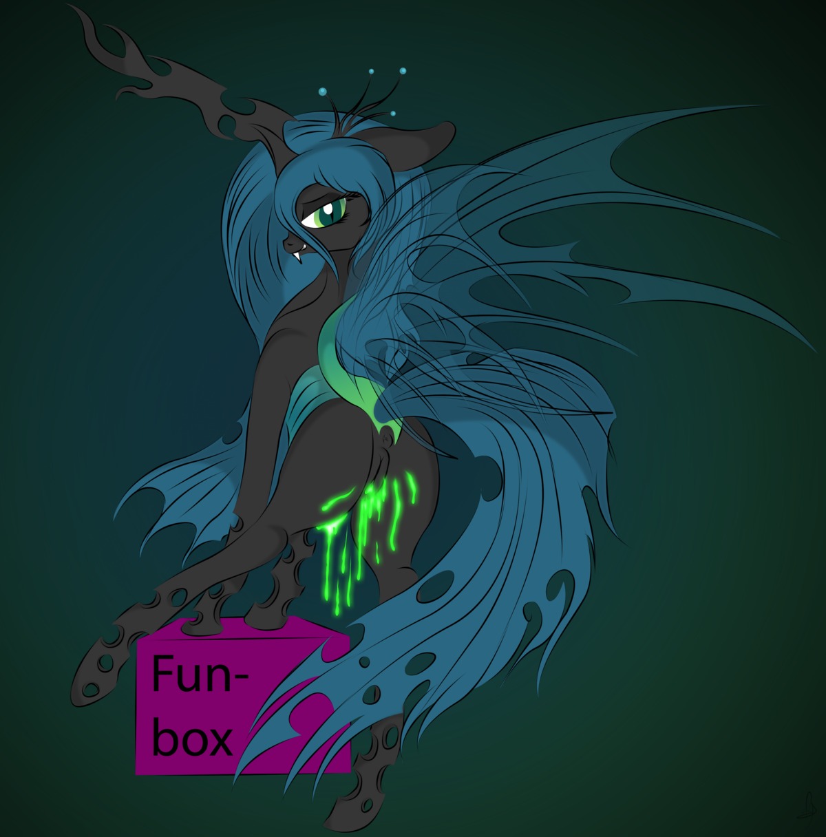 2012 absurd_res anus arthropod blue_hair bodily_fluids box butt changeling_(mlp) container crown cum e621 english_text fangs female feral friendship_is_magic genital_fluids genitals green_eyes hair hasbro headgear hi_res hole_(anatomy) horn insect_wings inviting long_hair looking_at_viewer looking_back my_little_pony presenting quadruped queen_chrysalis_(mlp) seductive simple_background smile solo spread_legs spreading tail teeth text v-d-k vaginal_fluids vulva wing_boner wings