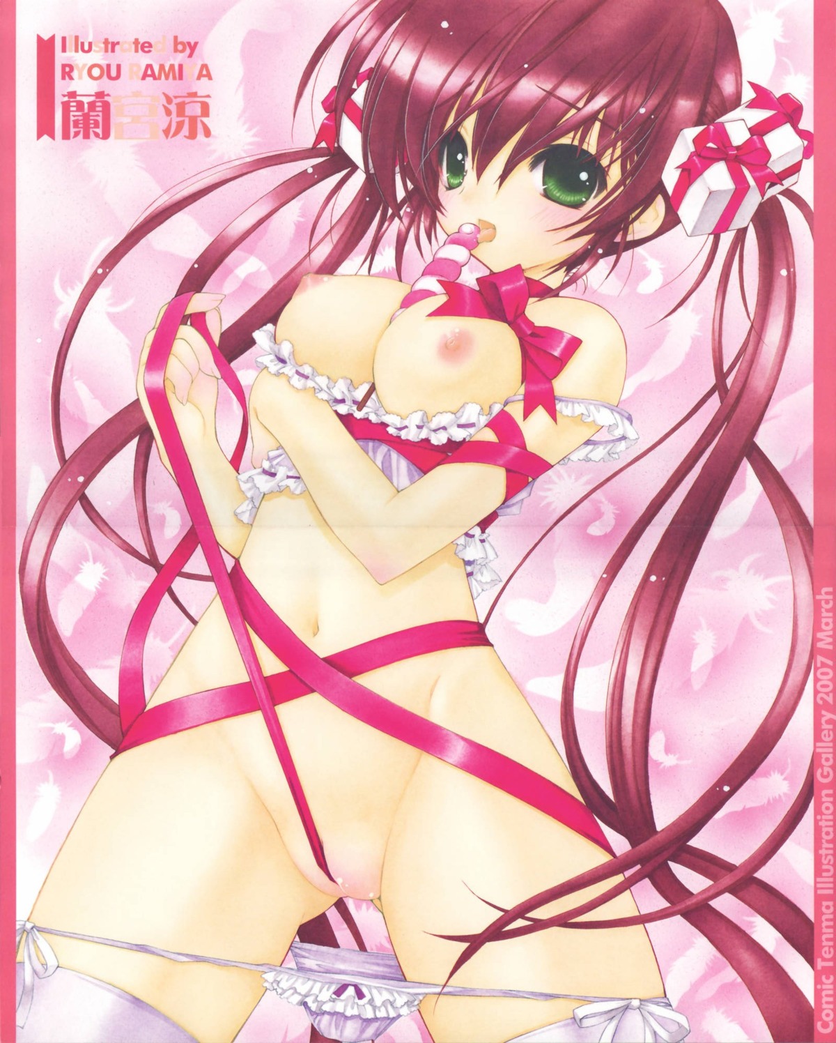 between_breasts breasts female food_between_breasts highres naked_ribbon nipples panties panty_pull pussy ramiya_ryou ribbon ribbons rule34 thighhighs underwear
