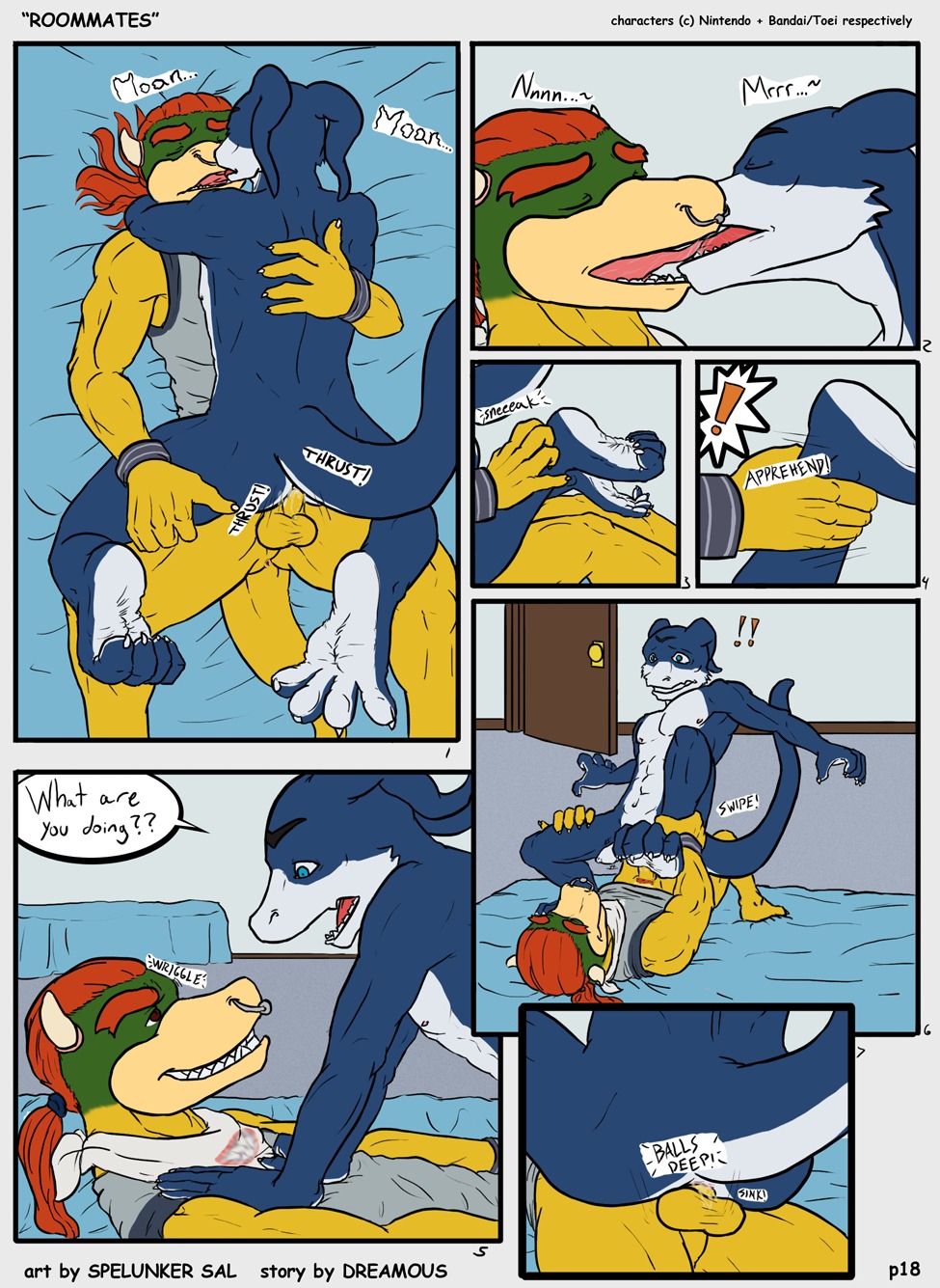 anal anal_sex anthro bandai bowser_koopa_junior_(roommates) comic couple digimon dreamous_(writer) flamedramon gay giancarlo_rosato grin hi_res horn kissing koopa male male/male male_only mario_(series) muscles nintendo nude penetration penis roommates_(comic) rule34 scalie spelunker_sal straight_hair tongue yaoi