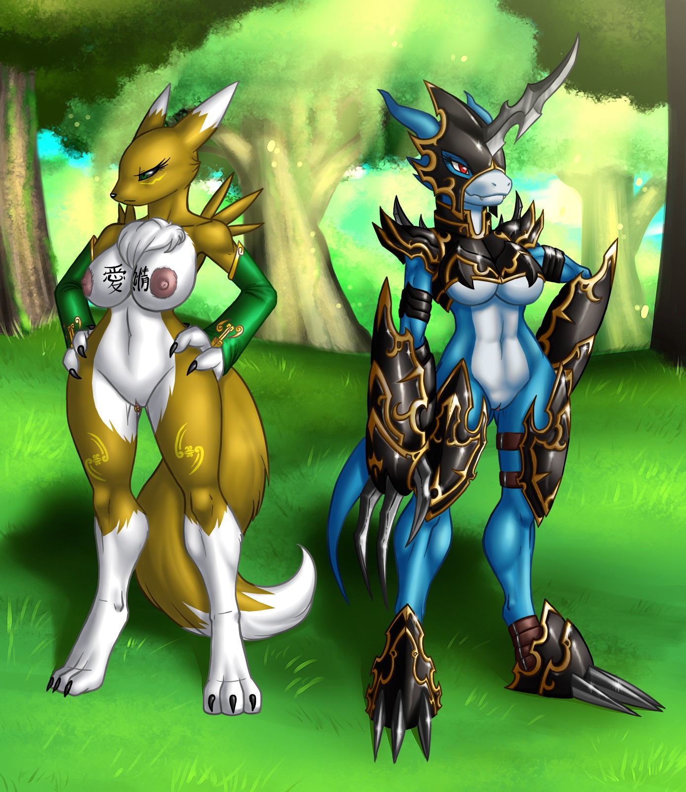 anthro armor armwear bandai_namco big_breasts black_sclera blue_body blue_skin breasts canid canine chest_tuft cjk_character claws clitoris clitoris_piercing clothing crovirus digimon digimon_(species) dragon duo e621 elbow_gloves female flamedramon fluffy fluffy_tail fur genital_piercing genitals gloves green_eyes handwear hi_res looking_away mammal markings mythological_creature mythological_scalie mythology nipples nude piercing plant red_eyes renamon scalie standing straps tail tattoo thigh_gap toe_claws tree tuft vulva vulva_piercing white_body white_fur yellow_body yellow_fur