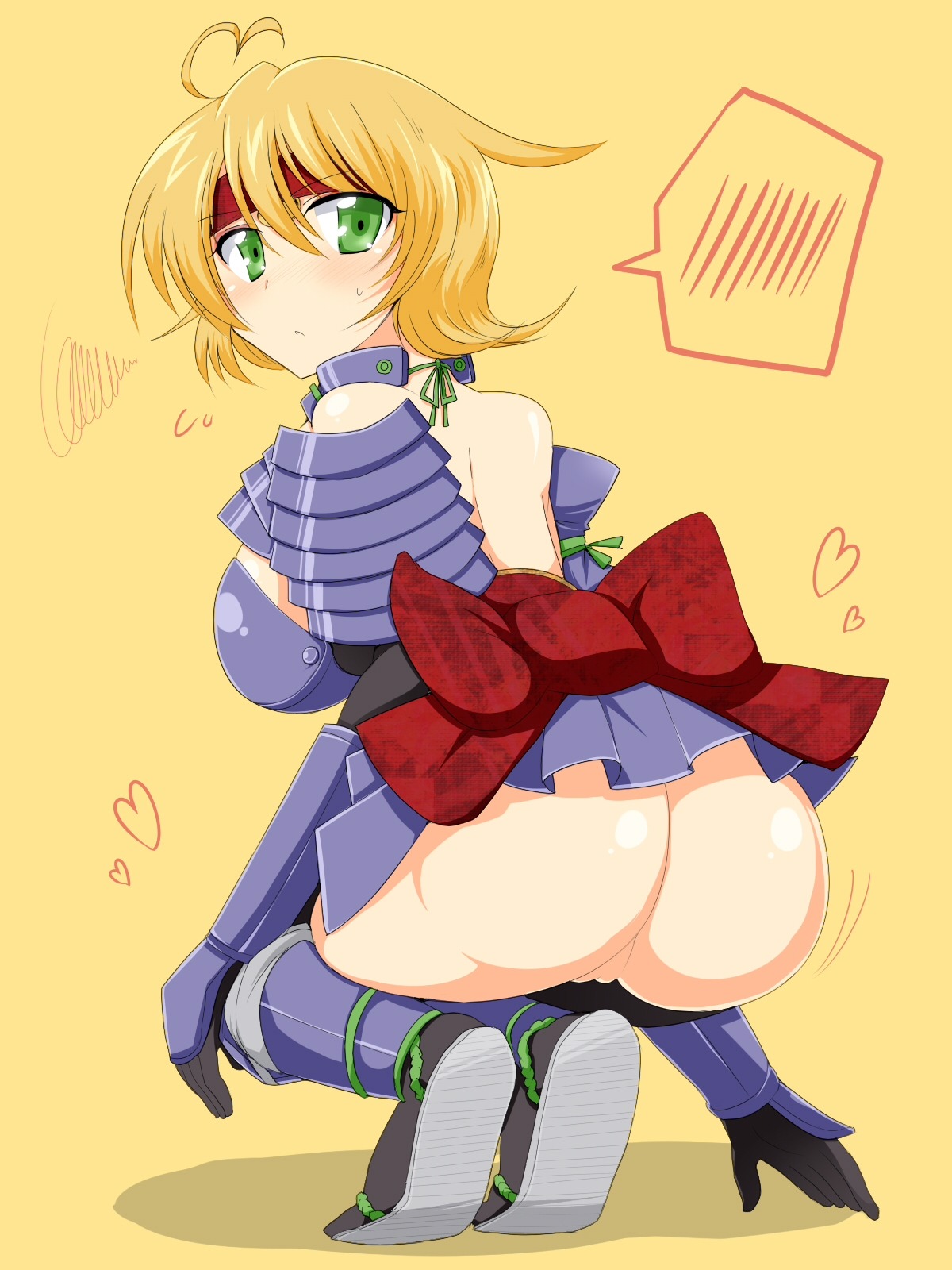 armor ass blonde_hair blush female green_eyes headband highres kneeling no_panties pointy_chin pussy rule34 uncensored wedge