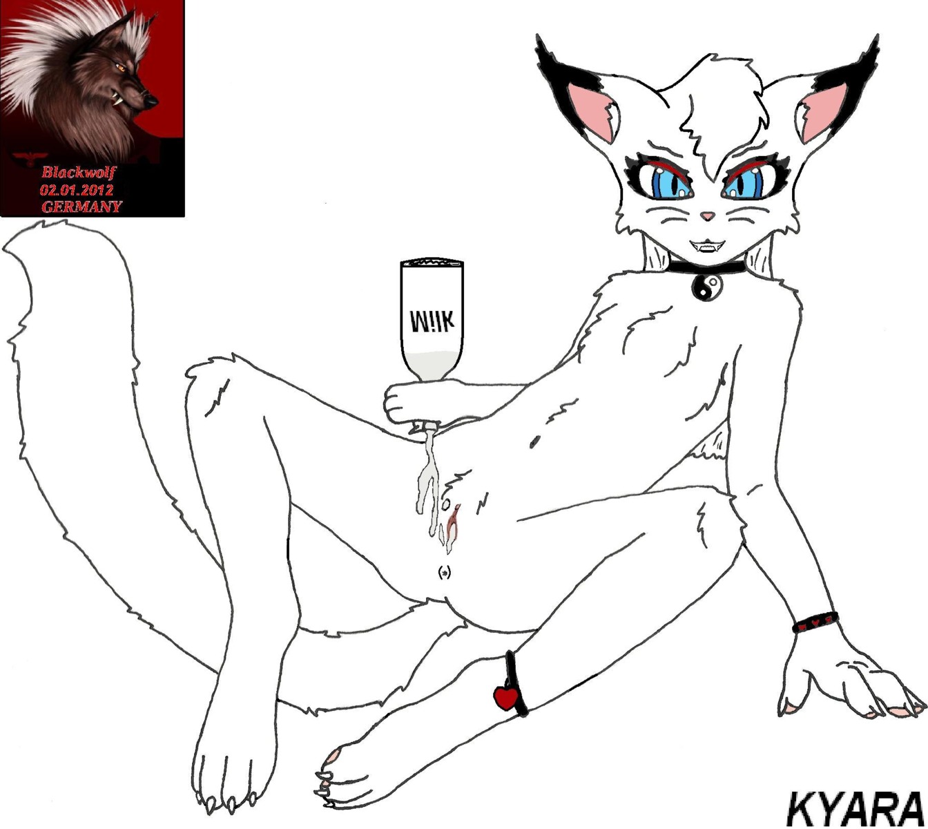 anthro blackwolf blue_eyes canid canine canis claws domestic_cat duo e621 fangs felid feline felis female fur genitals grey_body grey_fur hair hi_res mammal milk paws pink_ears pupils slit_pupils smile solo_focus tail teeth vulva white_body white_fur white_hair wolf yellow_eyes