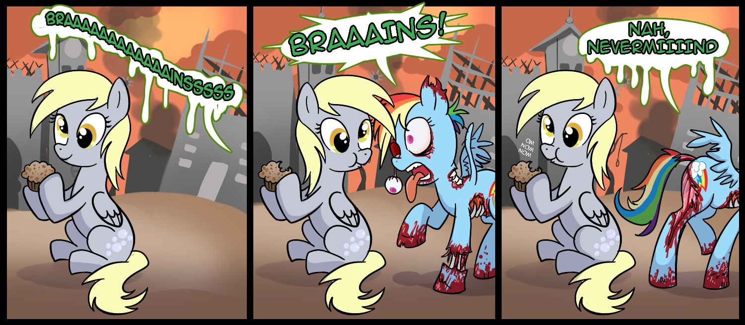 blonde_hair blood blue_body blue_feathers blue_fur bodily_fluids bone comic cutie_mark dangling_eyeball death derpy_hooves_(mlp) dialogue duo e621 english_text equid equine eyeball feathered_wings feathers female feral friendship_is_magic fur gore hair hasbro madmax mammal multicolored_hair my_little_pony mythological_creature mythological_equine mythology pegasus purple_eyes quadruped rainbow_dash_(mlp) rainbow_hair tail text tongue undead wings yellow_eyes zombie