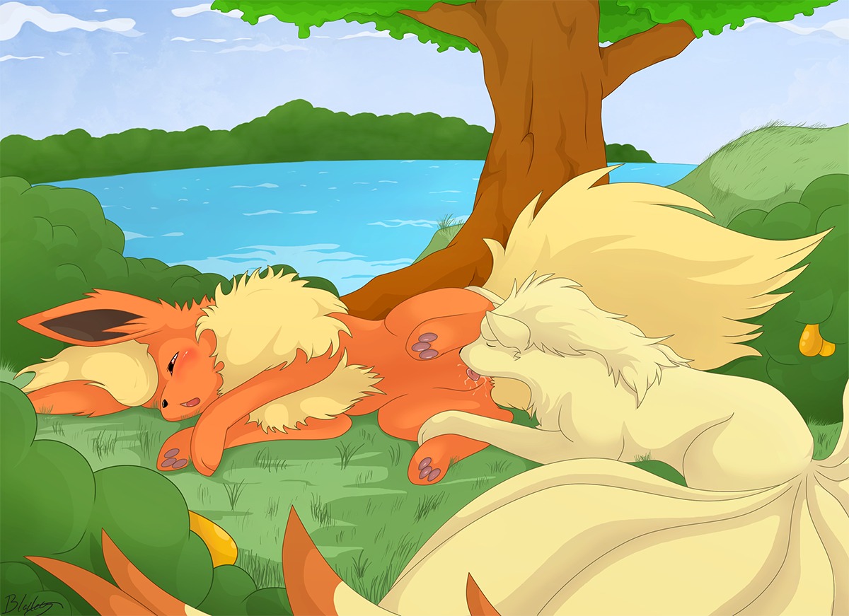 2009 ambiguous_gender blackfury blush canid canine cloud cunnilingus duo e621 eeveelution eyes_closed female female/ambiguous feral feral_on_feral flareon generation_1_pokemon licking lying mammal multi_tail ninetales nintendo on_side oral outside pokemon pokemon_(species) sex sky tail tongue tongue_out vaginal water