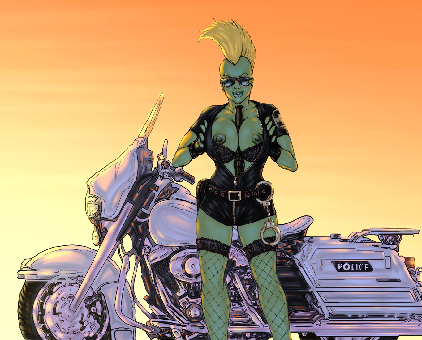 breasts dragon e621 electra_glide female harley_davidson humanoid image_comics mohawk mythological_creature mythological_scalie mythology nipples nude savage_dragon scalie she-dragon solo unknown_artist