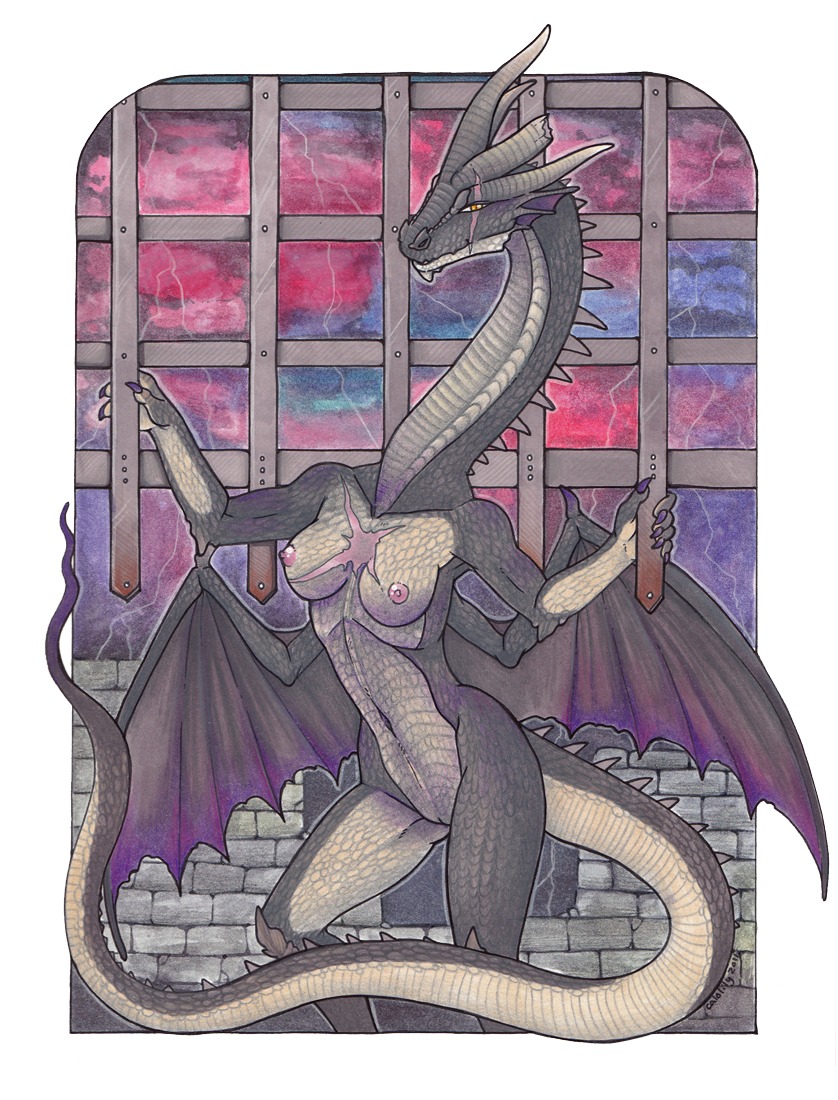 anthro breasts calolily capcom e621 elder_dragon fatalis female genitals horn looking_at_viewer membrane_(anatomy) membranous_wings monster_hunter nipples nude scar solo tail vulva wings