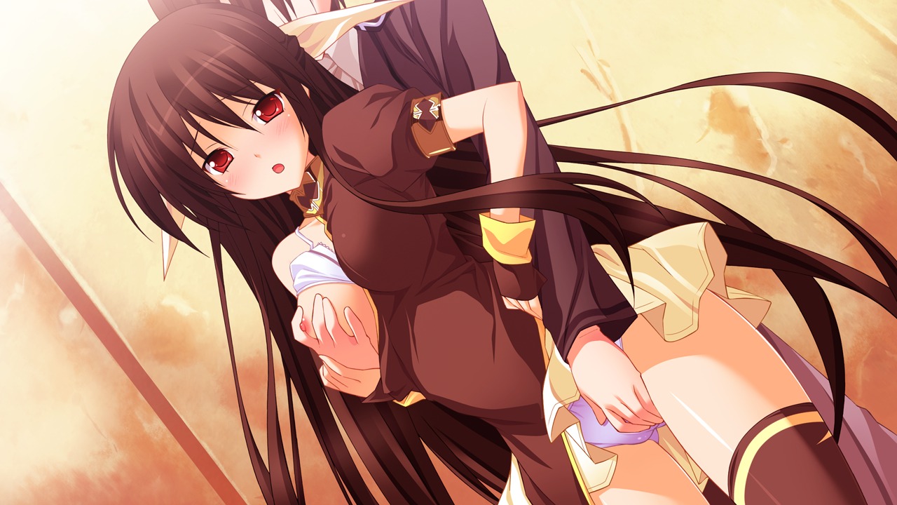 black_hair breast_grab breasts female fingering game_cg kuon_itsuki long_hair nipples panties red_eyes rule34 thighhighs tiny_dungeon underwear vell_sein