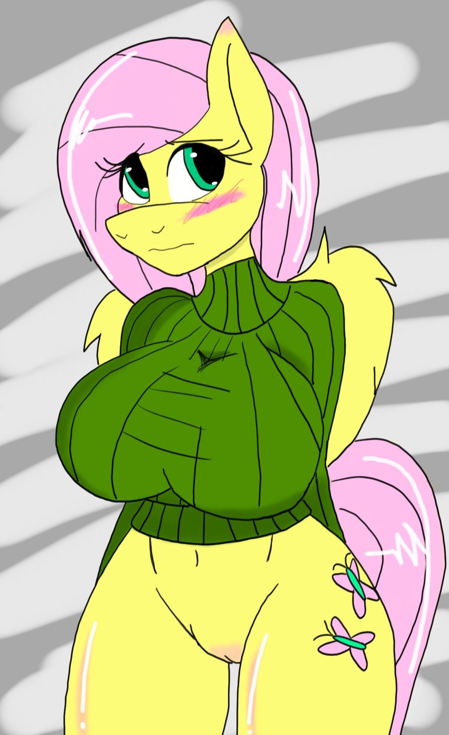 2014 anthro anthrofied big_breasts biped blush bottomless breasts clothed clothing cutie_mark digital_media_(artwork) e621 equid equine feathered_wings feathers female fluttershy_(mlp) friendship_is_magic fur genitals green_eyes hair hasbro hi_res huge_breasts jrvanesbroek long_hair looking_at_viewer mammal my_little_pony mythological_creature mythological_equine mythology pegasus pink_hair shirt solo standing sweater thick_thighs topwear vulva wings yellow_body yellow_feathers yellow_fur