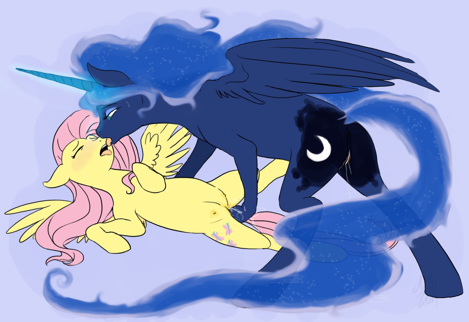 anus blue_body blue_eyes blue_feathers blue_fur blue_hair blush bodily_fluids cartoonlion cum cutie_mark duo e621 equid equine feathered_wings feathers female female/female feral flowing_hair fluttershy_(mlp) friendship_is_magic fur genital_fluids genitals hair hasbro hi_res horn kissing lying mammal my_little_pony mythological_creature mythological_equine mythology on_back pegasus pink_hair princess_luna_(mlp) quadruped saliva simple_background tail teats vaginal_fluids vulva winged_unicorn wings yellow_body yellow_feathers yellow_fur