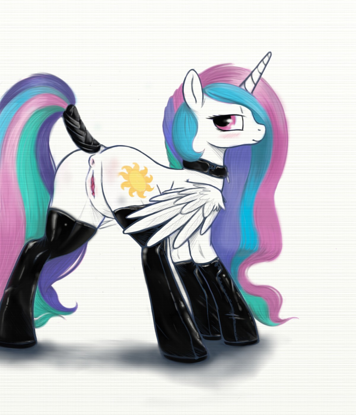 2012 all_fours anus armwear black_clothing blush butt clothed clothing collar cutie_mark e621 elbow_gloves equid equine feathered_wings feathers female feral friendship_is_magic fur genitals gloves hair half-closed_eyes handwear hasbro hi_res horn legwear long_hair looking_at_viewer looking_back mammal multicolored_hair my_little_pony mythological_creature mythological_equine mythology narrowed_eyes partially_clothed presenting presenting_hindquarters presenting_vulva princess princess_celestia_(mlp) purple_eyes raised_tail rear_view rhythmlines royalty simple_background smile solo spread_legs spreading stockings tail tail_wraps thigh_highs vulva white_background white_body white_feathers white_fur winged_unicorn wings wraps