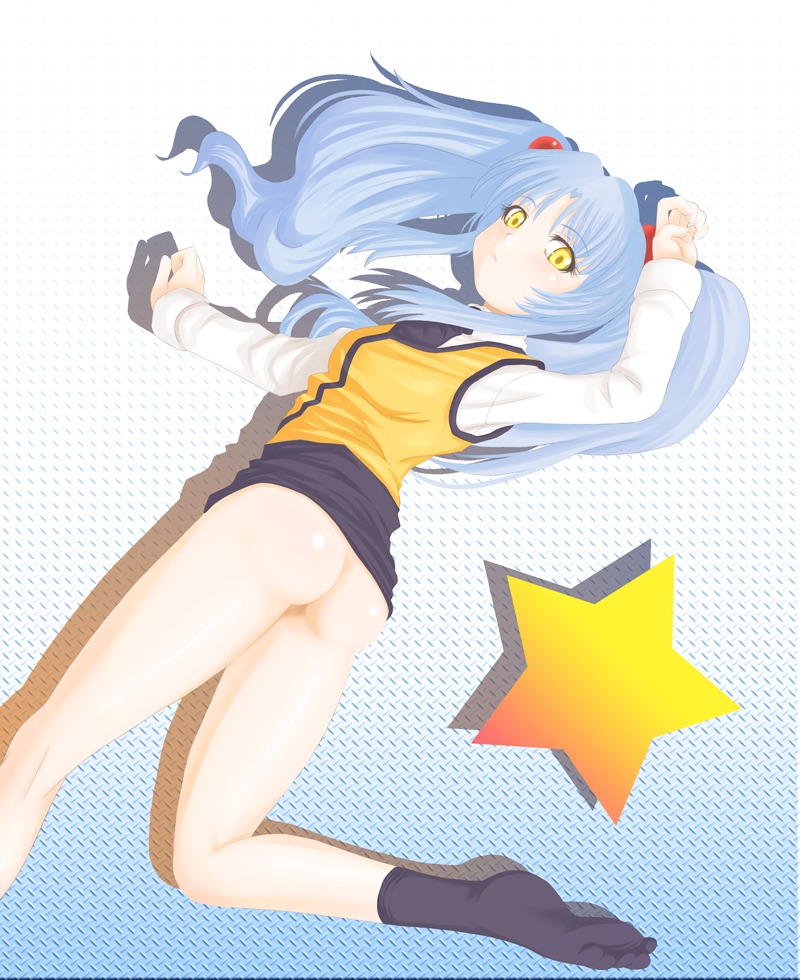 1girls ass blue_hair blush breasts ebi_tendon feet female footwear hair_bobbles hair_ornament human light-skinned_female light_skin long_hair looking_back martian_successor_nadesico military_uniform no_panties pale-skinned_female pale_skin rule34 ruri_hoshino skirt skirt_lift socks solo star tied_hair twintails uniform yellow_eyes