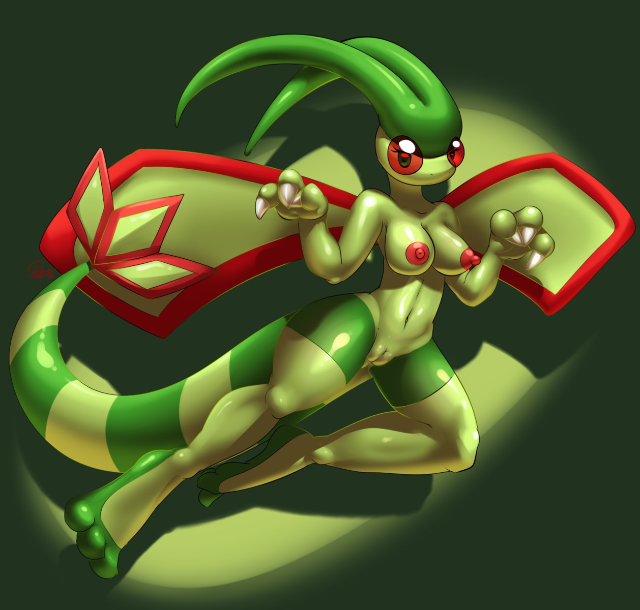 2014 3_toes anthro anthrofied breasts claws digitigrade e621 elpatrixf feet female flygon generation_3_pokemon genitals green_body hi_res hindpaw looking_at_viewer membrane_(anatomy) membranous_wings navel nintendo nipples non-mammal_breasts non-mammal_nipples nude paws pokemon pokemon_(species) pokemorph solo stripes toes vulva wings