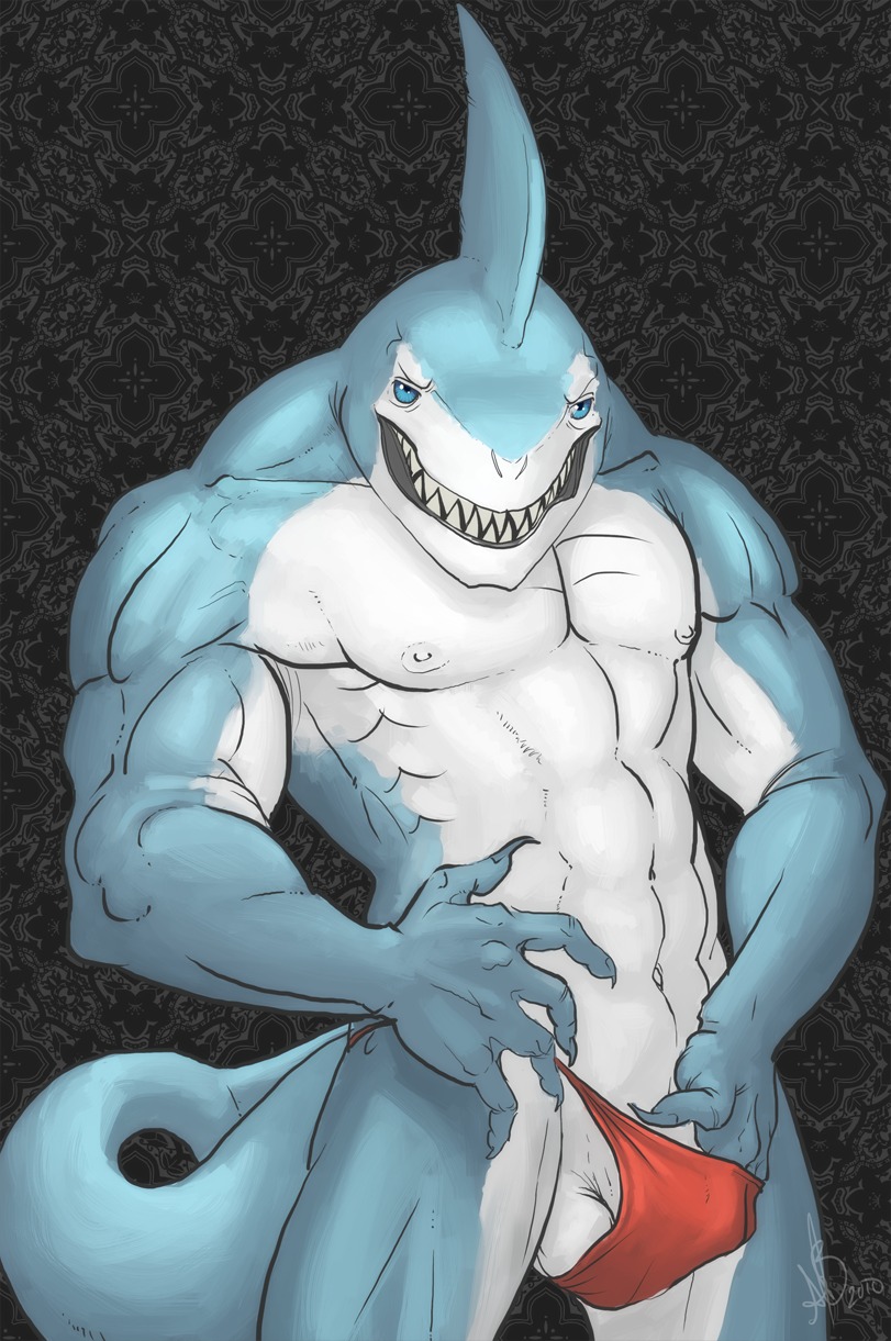 2010 abs anthro aquatic balls biceps biped blue_body blue_skin bulge claws clothed clothing clothing_pull diarmaidhutchence e621 fangs fish front_view genitals george_(diarmaidhutchence) great_white_shark grin hi_res homocidal_manda looking_at_viewer mackerel_shark male muscular muscular_anthro muscular_male nipples panties panty_pull pattern_background pecs shark simple_background smile solo standing tail teeth thong topless underwear underwear_pull undressing white_body white_nipples white_shark white_skin