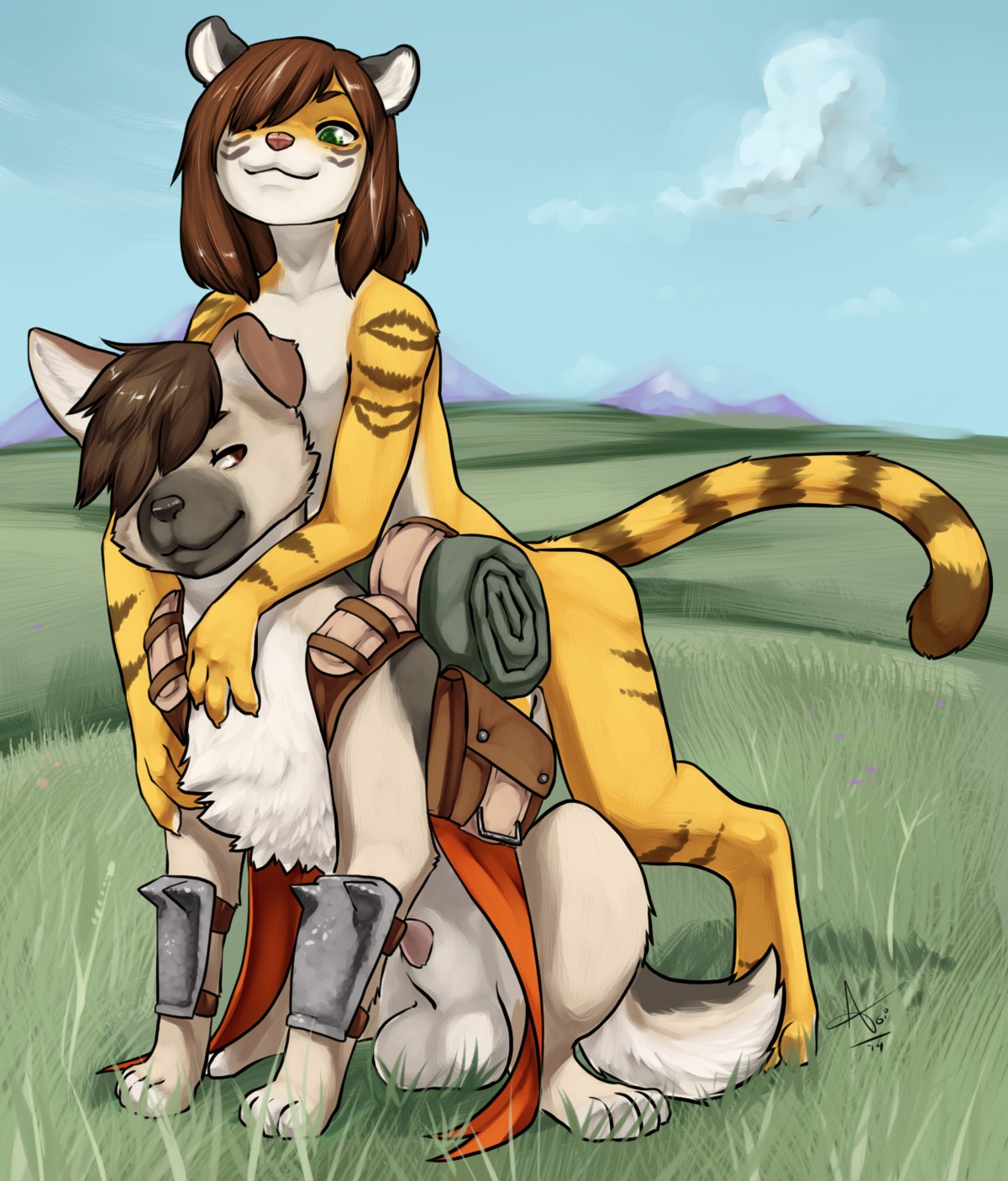 2014 animal_genitalia anthro aogami arcshep backpack balls canid canine canis cloud domestic_dog duo e621 felid feral field genitals german_shepherd herding_dog hi_res male mammal nude outside pantherine pastoral_dog penis penis_tip sheath sky sleeping_bag tiger wiiffler