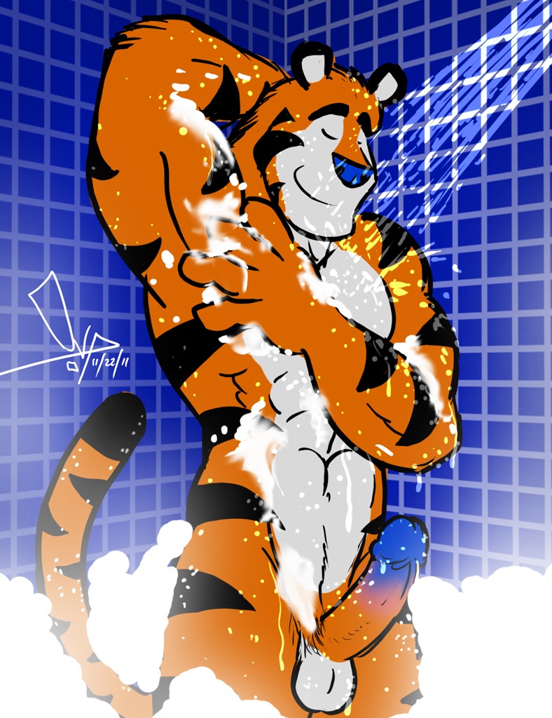 2011 anthro balls bathing bgn biceps big_muscles big_penis blue_glans blue_nose countershading digital_media_(artwork) e621 erection eyes_closed felid frosted_flakes fur genitals glans humanoid_genitalia humanoid_penis kellogg's male mammal markings mascot multicolored_penis muscular muscular_anthro muscular_male nipples nude orange_body orange_fur orange_penis pantherine pecs penis shower solo stripes tail tiger tile tile_wall tony_the_tiger two_tone_penis wall_(structure) water wet white_balls