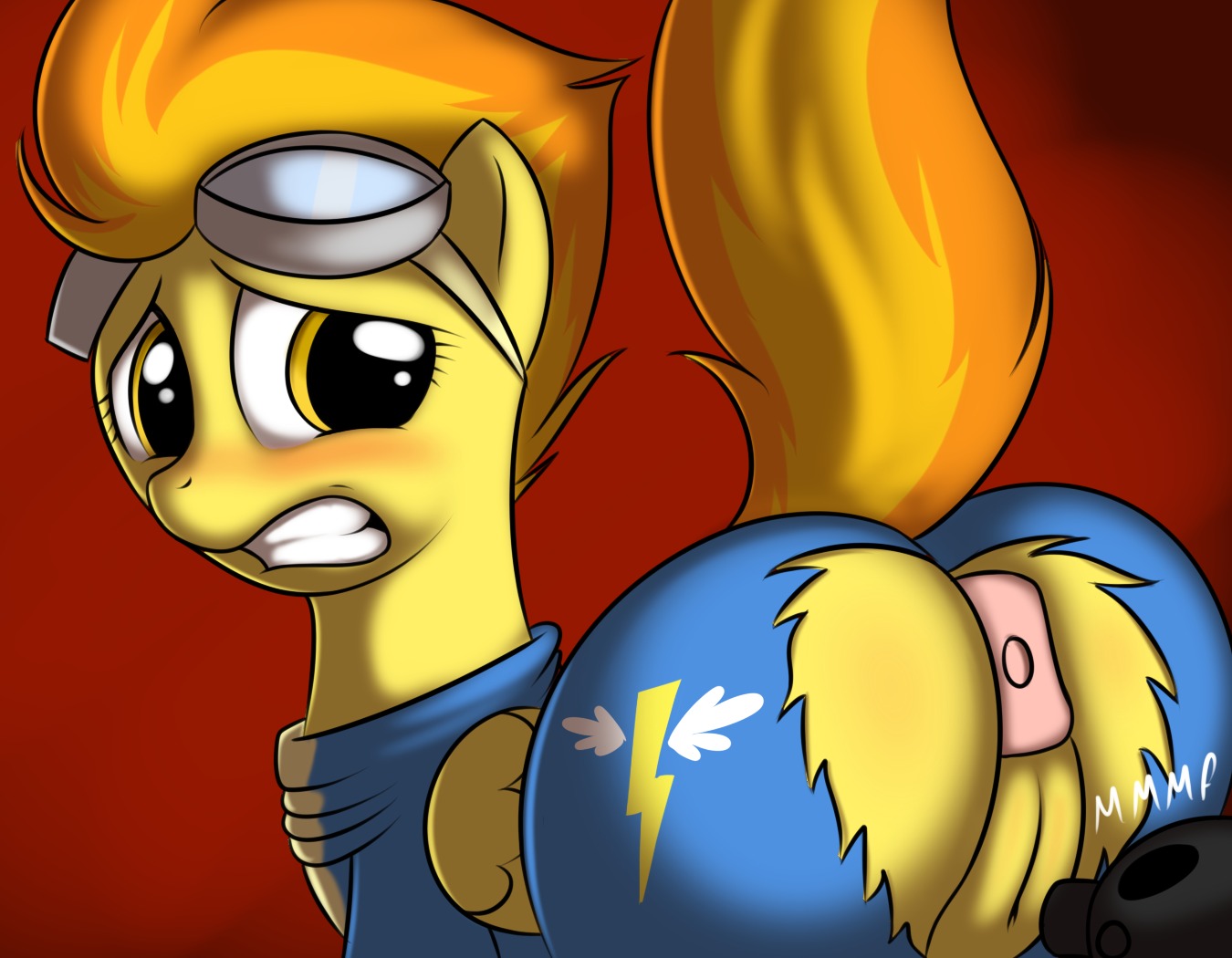 anal anus buttplug clothing crossover digital_media_(artwork) e621 embarrassed equid equine feathered_wings feathers female feral friendship_is_magic genitals hasbro kloudmutt mammal my_little_pony mythological_creature mythological_equine mythology pegasus plug_(sex_toy) pyro_(team_fortress_2) sex_toy solo spitfire_(mlp) tail tail_anus team_fortress_2 torn_clothing valve valve_corporation vulva wings wonderbolts_(mlp) yellow_body yellow_feathers