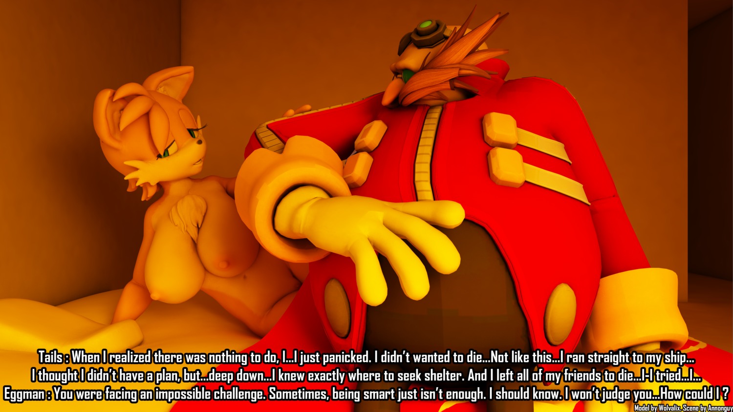 16:9 2014 3d_(artwork) 4k absurd_res annonguy anthro anthrofied areola big_breasts blue_eyes bodily_fluids breasts canid canine chest_tuft clothing crossgender crying dialogue digital_media_(artwork) dr._eggman duo e621 english_text facial_hair female fox fur genitals hair hi_res human human_on_anthro interspecies male mammal miles_prower mtf_crossgender mustache nipples nude open_mouth sega sonic_the_hedgehog_(series) subtitled tears text tuft vulva white_body white_fur widescreen wolvalix yellow_body yellow_fur