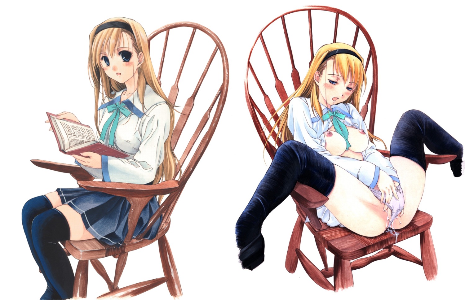 blonde_hair blue_eyes blush book female masturbation nipples no_bra open_clothes open_shirt panties pussy pussy_juice ribbons rule34 shirt thighhighs underwear