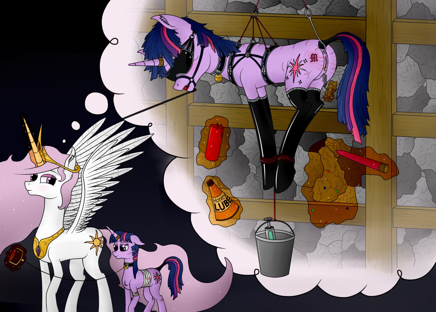 2013 anal anal_hook anal_penetration anus ball_gag bandage blindfold blush candle clitoris clitoris_piercing collar cutie_mark dildo duo e621 english_text equid equine fan_character feathered_wings feathers female feral friendship_is_magic fur gag gagged genital_piercing genitals hair hasbro hi_res horn magic_inhibitor mammal multicolored_hair my_little_pony mythological_creature mythological_equine mythology patapony13 penetration piercing pink_hair princess_celestia_(mlp) princess_molestia purple_body purple_eyes purple_fur purple_hair scar sensory_deprivation sex_toy smile suspension text twilight_sparkle_(mlp) two_tone_hair unicorn vulva vulva_piercing white_body white_fur winged_unicorn wings