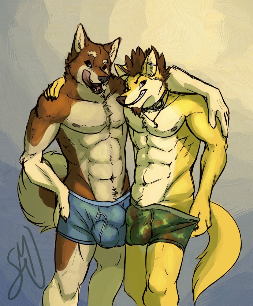 2011 abs akita akita_inu anthro balls_outline big_bulge boxer_briefs bulge bulge_frottage camo camo_print canid canine canis clothed clothing daxterdingo detailed_bulge dingo domestic_dog duo e621 eyewear frottage genital_outline goggles grin hand_on_hip hand_on_own_hip jewelry licking licking_lips looking_at_viewer male male/male mammal mason_(suck_mcjones) muscular muscular_male navel necklace nipples penile penis_outline penises_touching piercing seductive self_lick sex simple_background sketch smile spitz standing suck_mcjones tail tongue tongue_out topless underwear